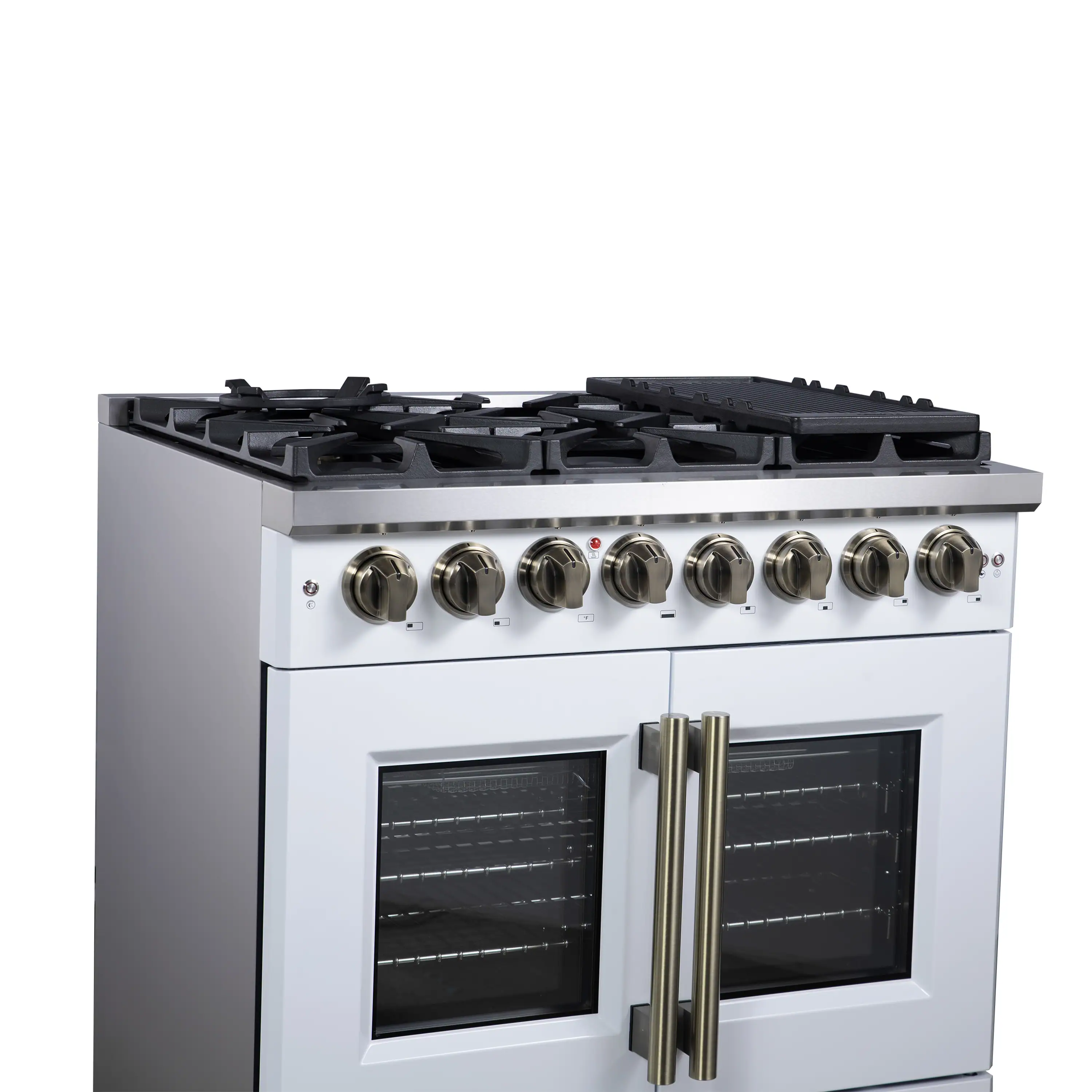 Forno Capriasca 36-Inch Freestanding French Door Dual Fuel Range in White with Antique Brass Handle (FFSGS6387-36WHT) - Image 6