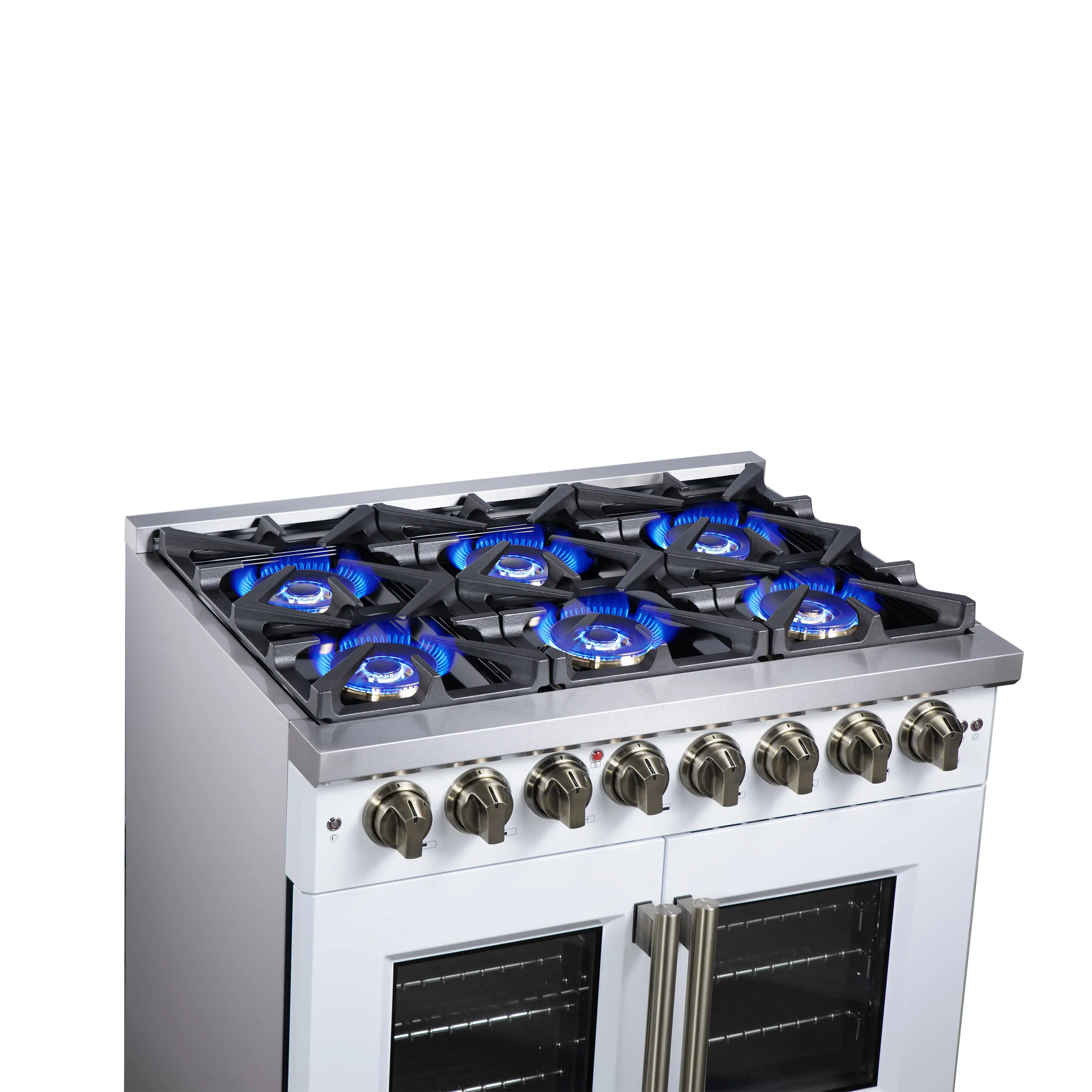 Forno Capriasca 36-Inch Freestanding French Door Dual Fuel Range in White with Antique Brass Handle (FFSGS6387-36WHT) - Image 7