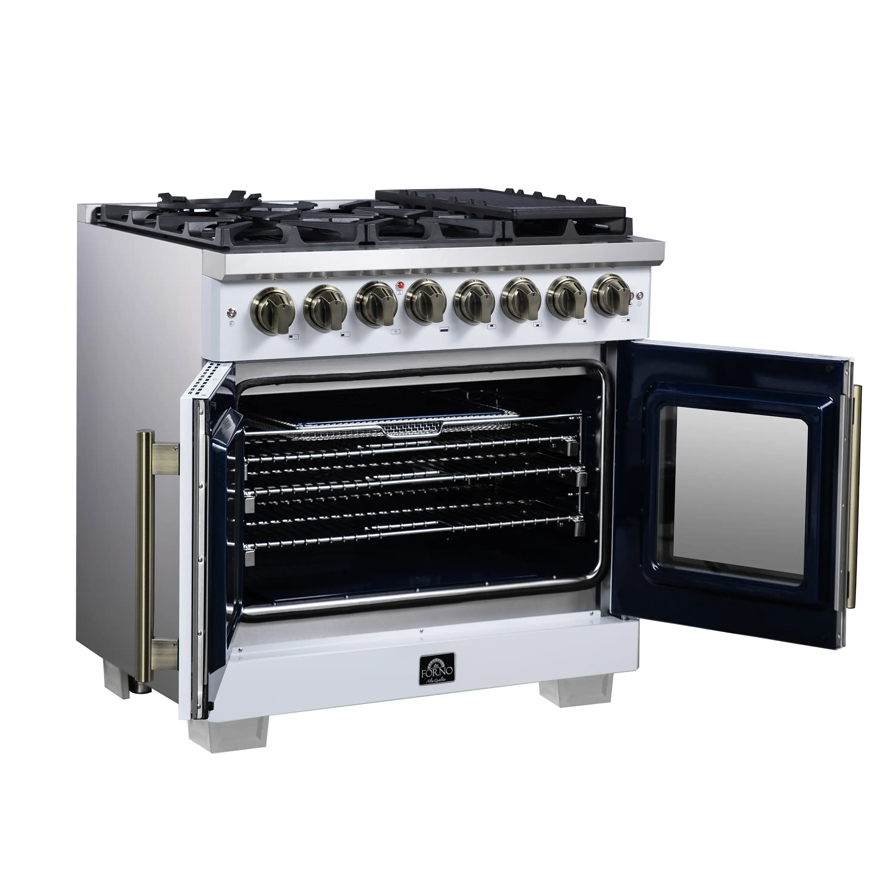 Forno Capriasca 36-Inch Freestanding French Door Dual Fuel Range in White with Antique Brass Handle (FFSGS6387-36WHT) - Image 8