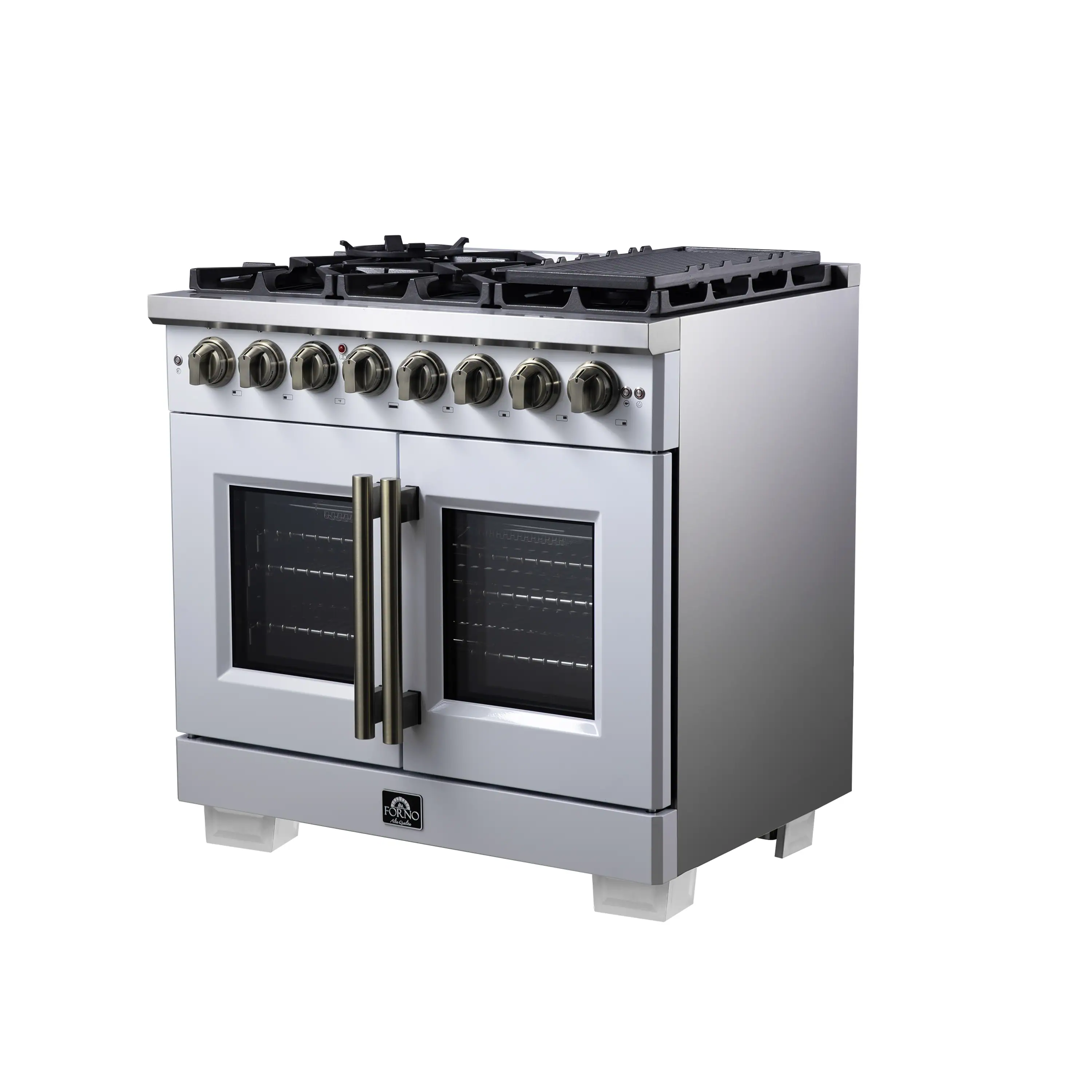 Forno Capriasca 36-Inch Freestanding French Door Dual Fuel Range in White with Antique Brass Handle (FFSGS6387-36WHT) - Image 9