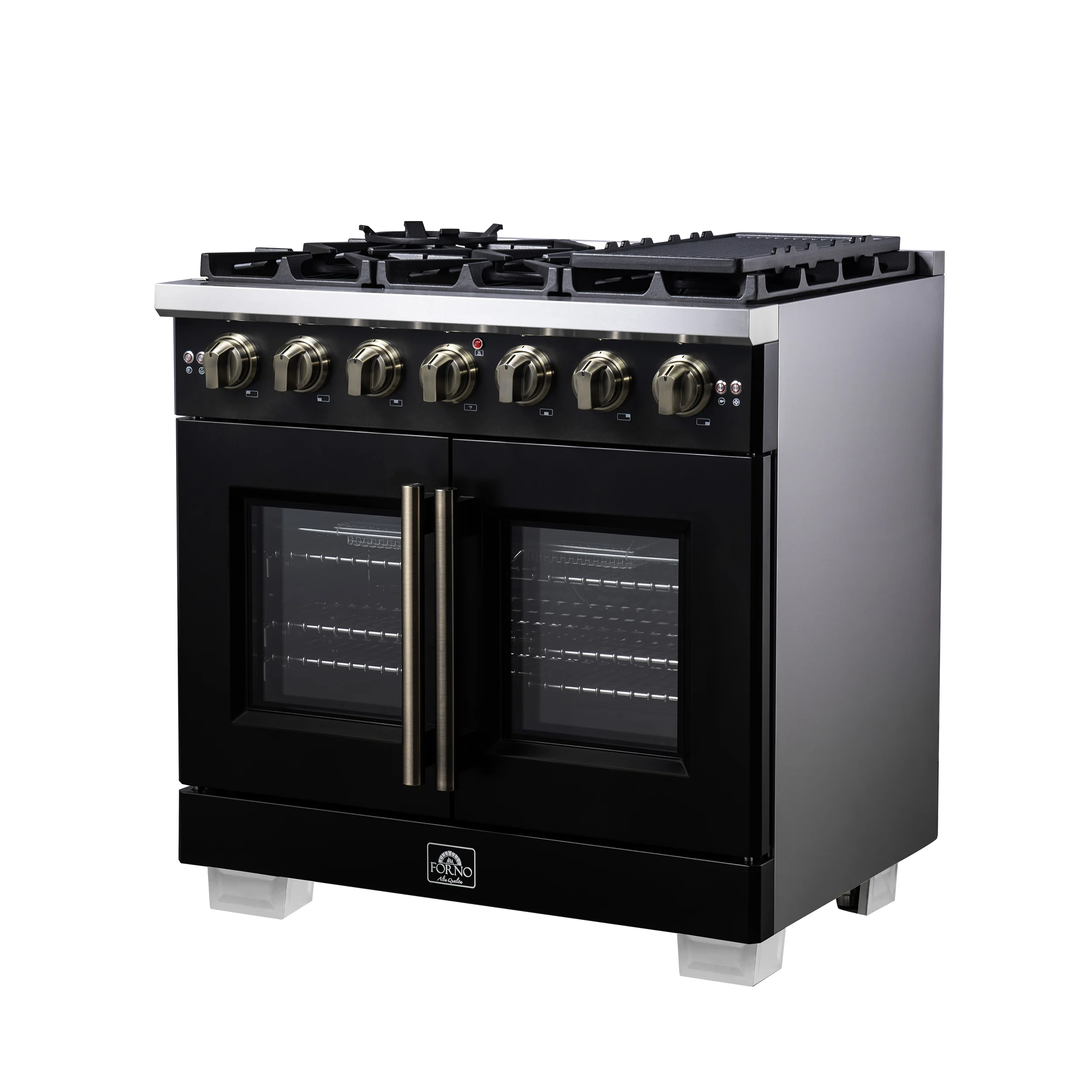 Forno Capriasca 36-Inch Freestanding French Door Gas Range with 6 Burners and 5.36 Cu.Ft. Convection Oven in Black with Antique Brass Handle (FFSGS6460-36BLK) - Image 10