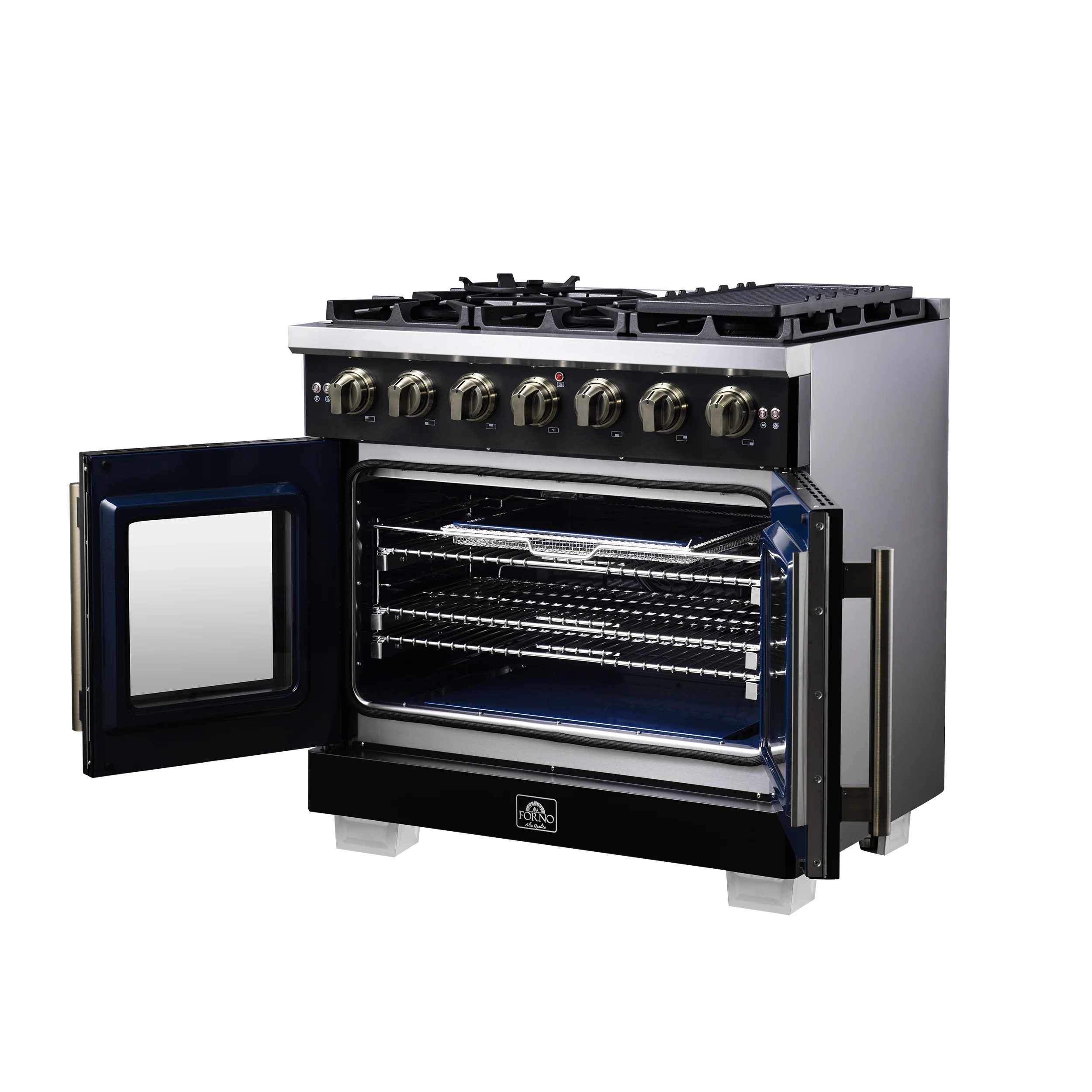 Forno Capriasca 36-Inch Freestanding French Door Gas Range with 6 Burners and 5.36 Cu.Ft. Convection Oven in Black with Antique Brass Handle (FFSGS6460-36BLK) - Image 13