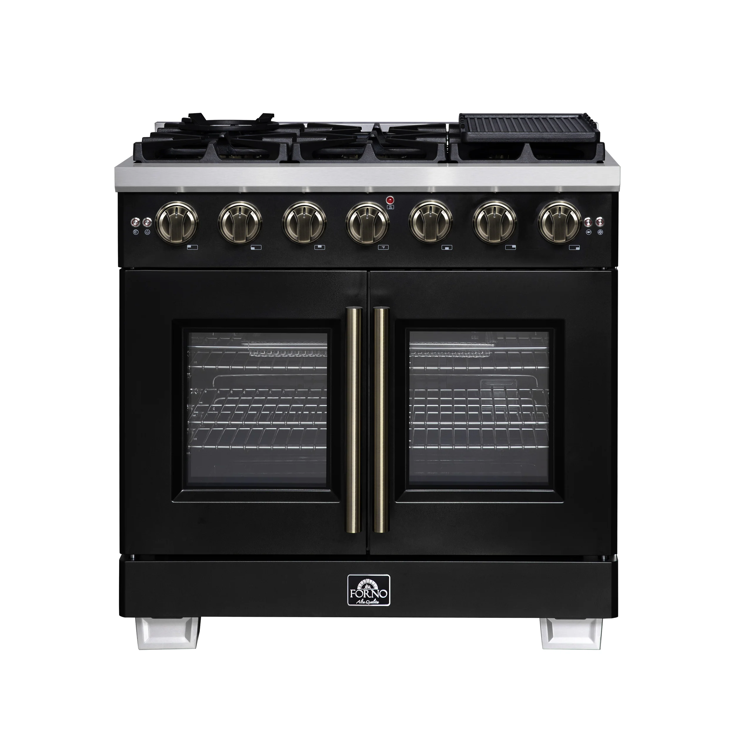 Forno Capriasca 36-Inch Freestanding French Door Gas Range with 6 Burners and 5.36 Cu.Ft. Convection Oven in Black with Antique Brass Handle (FFSGS6460-36BLK) - Image 2