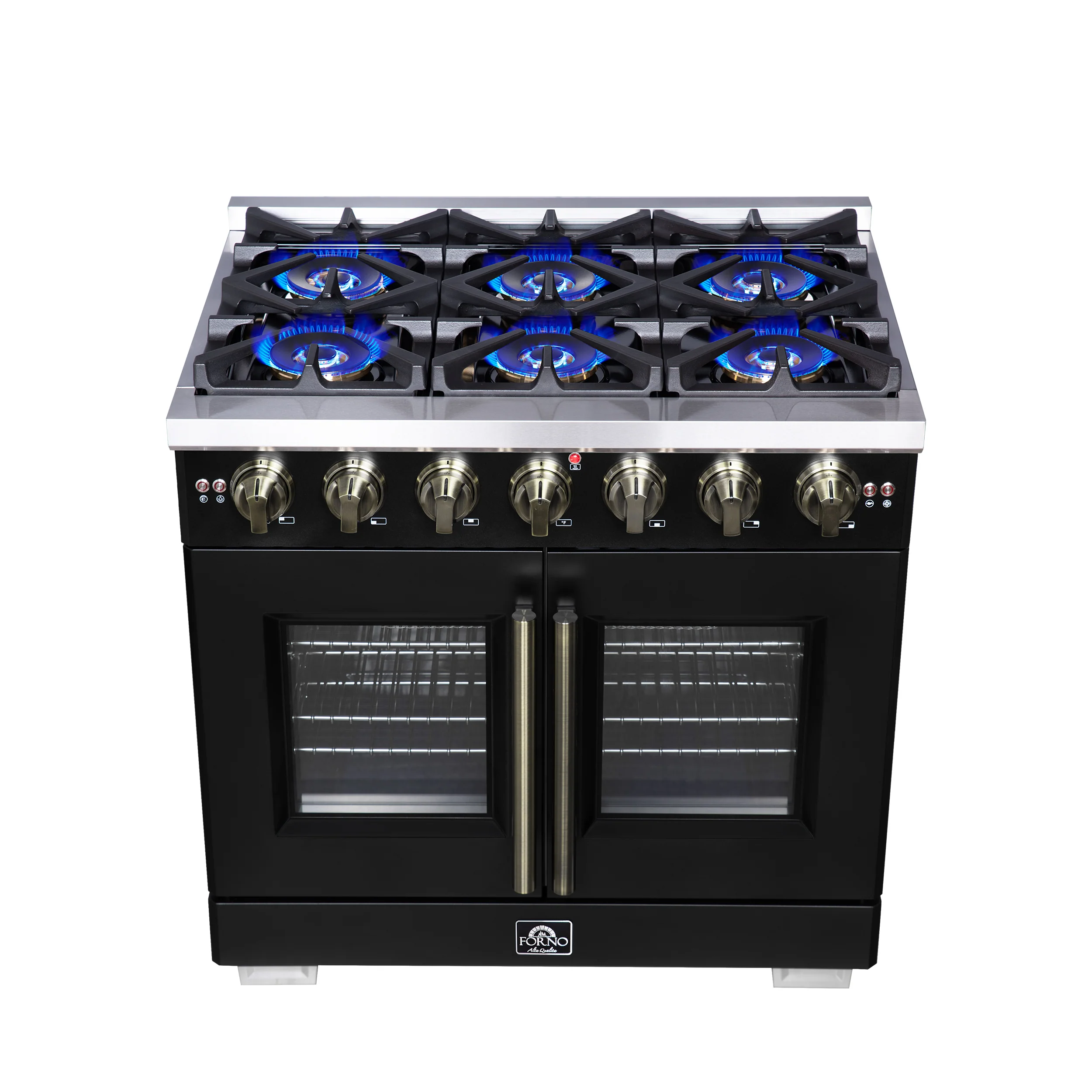 Forno Capriasca 36-Inch Freestanding French Door Gas Range with 6 Burners and 5.36 Cu.Ft. Convection Oven in Black with Antique Brass Handle (FFSGS6460-36BLK) - Image 3