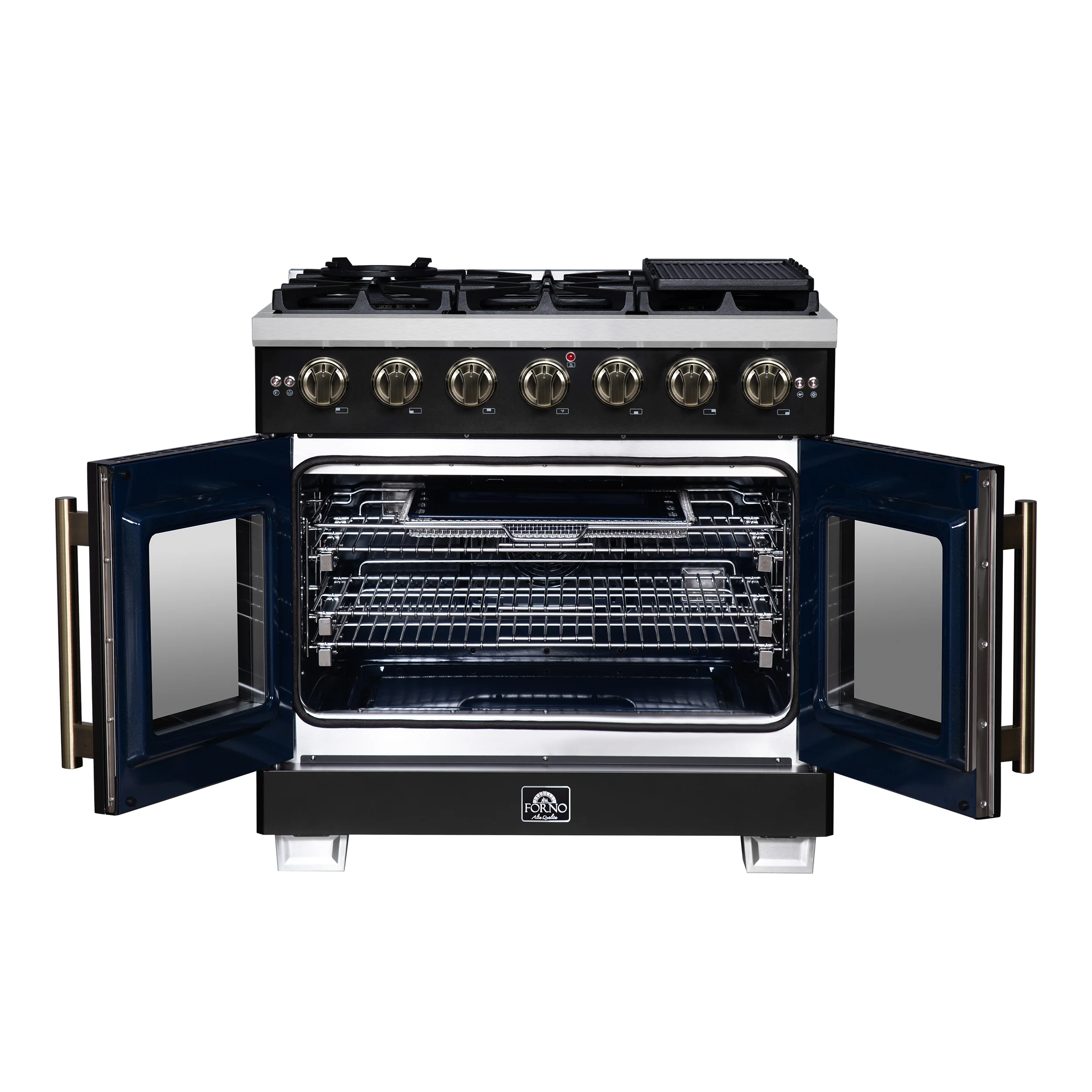 Forno Capriasca 36-Inch Freestanding French Door Gas Range with 6 Burners and 5.36 Cu.Ft. Convection Oven in Black with Antique Brass Handle (FFSGS6460-36BLK) - Image 4