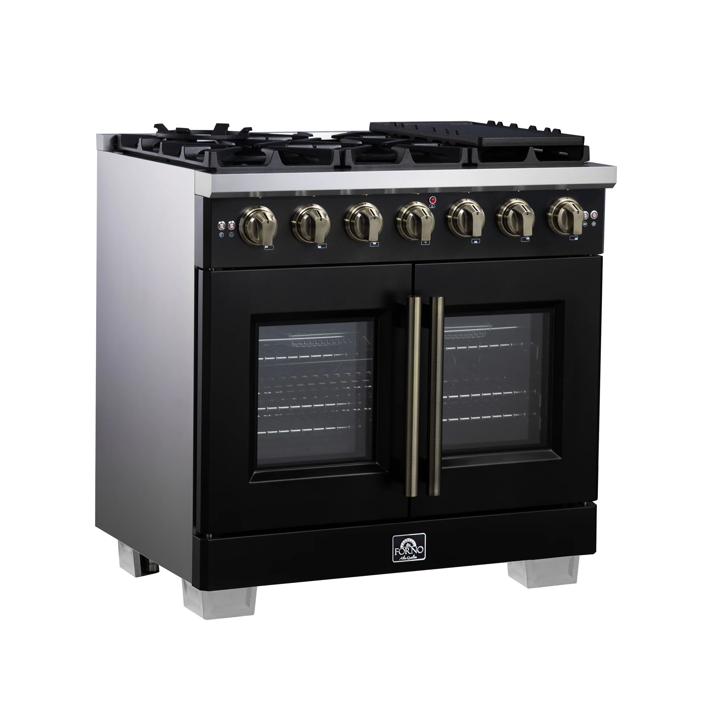 Forno Capriasca 36-Inch Freestanding French Door Gas Range with 6 Burners and 5.36 Cu.Ft. Convection Oven in Black with Antique Brass Handle (FFSGS6460-36BLK) - Image 5