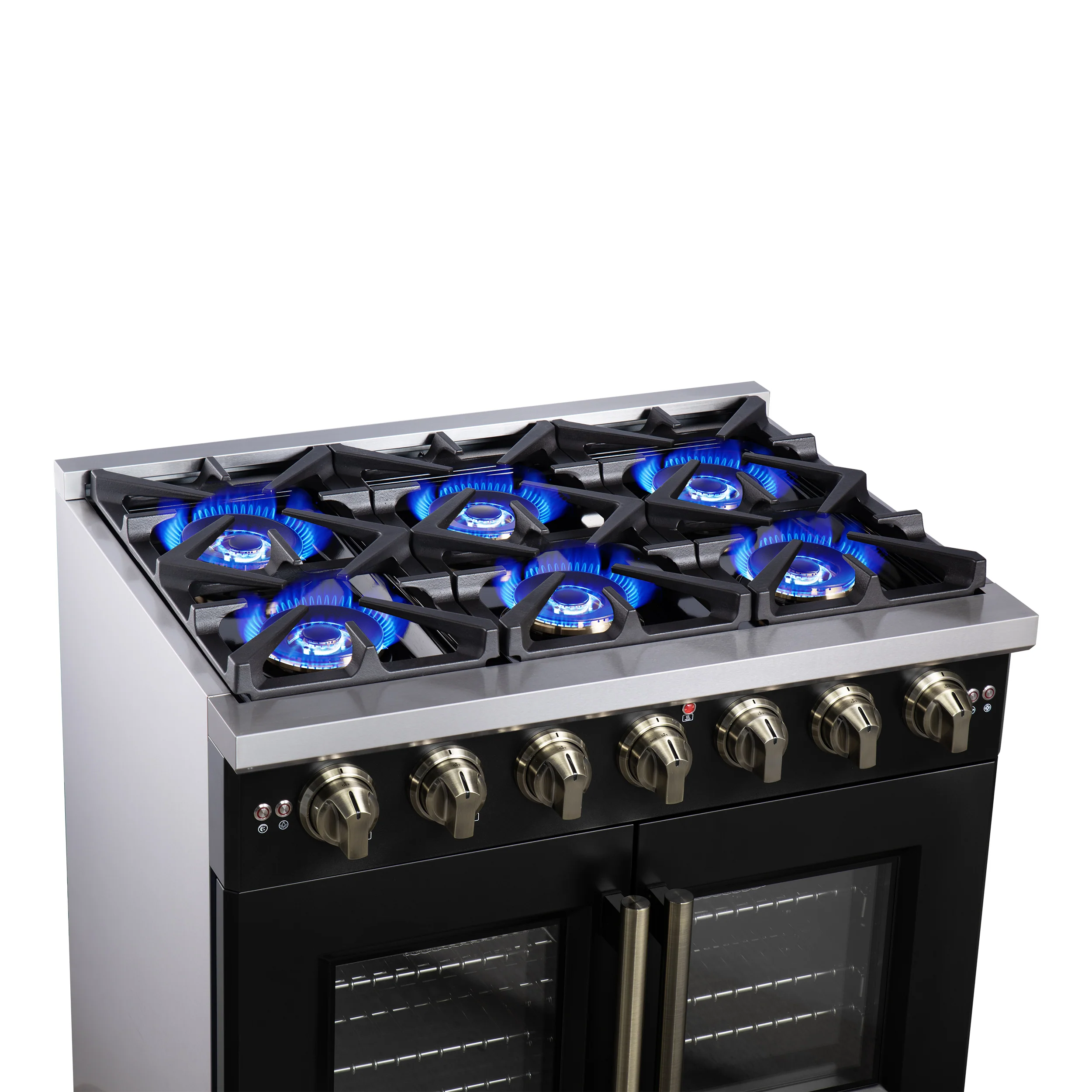 Forno Capriasca 36-Inch Freestanding French Door Gas Range with 6 Burners and 5.36 Cu.Ft. Convection Oven in Black with Antique Brass Handle (FFSGS6460-36BLK) - Image 8