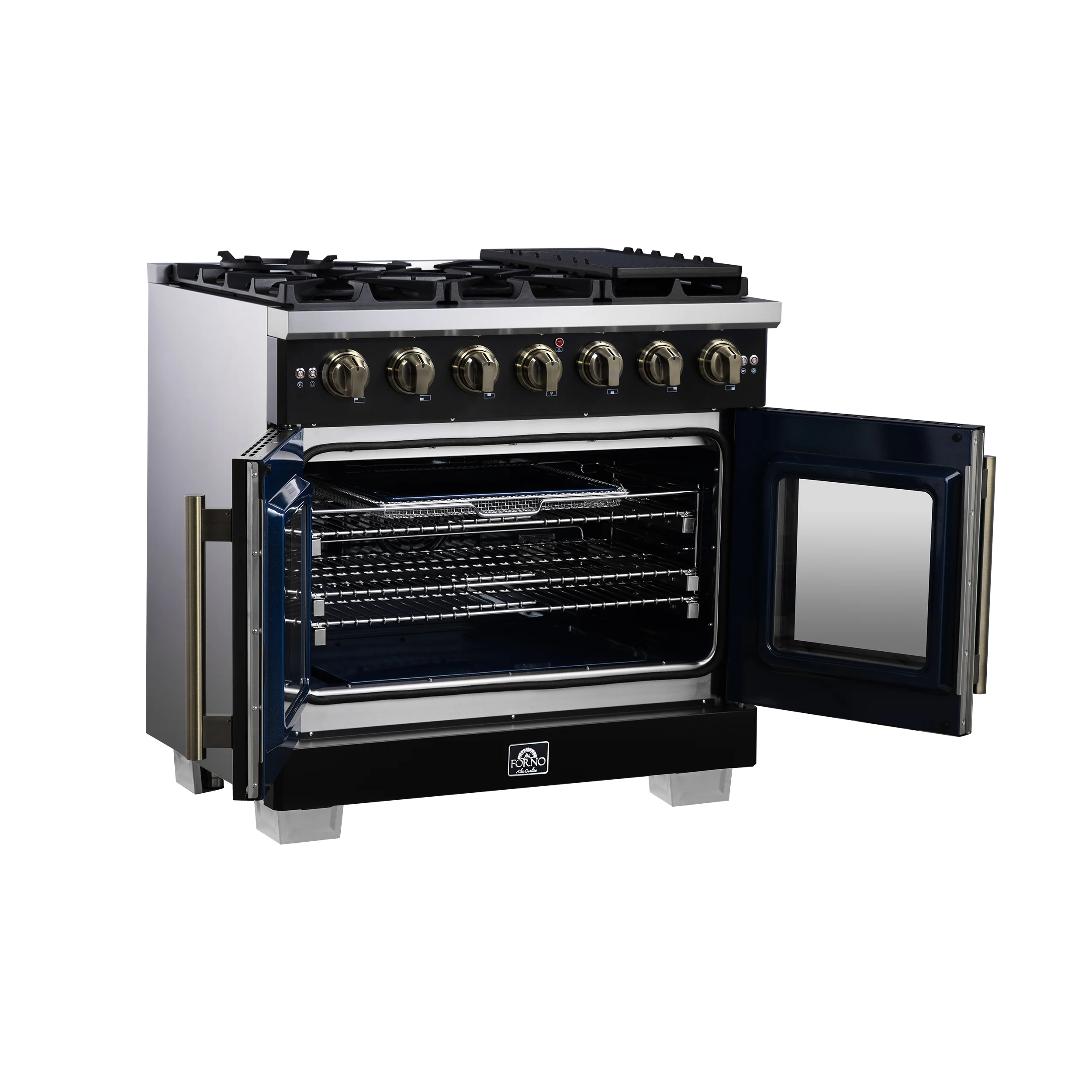 Forno Capriasca 36-Inch Freestanding French Door Gas Range with 6 Burners and 5.36 Cu.Ft. Convection Oven in Black with Antique Brass Handle (FFSGS6460-36BLK) - Image 9
