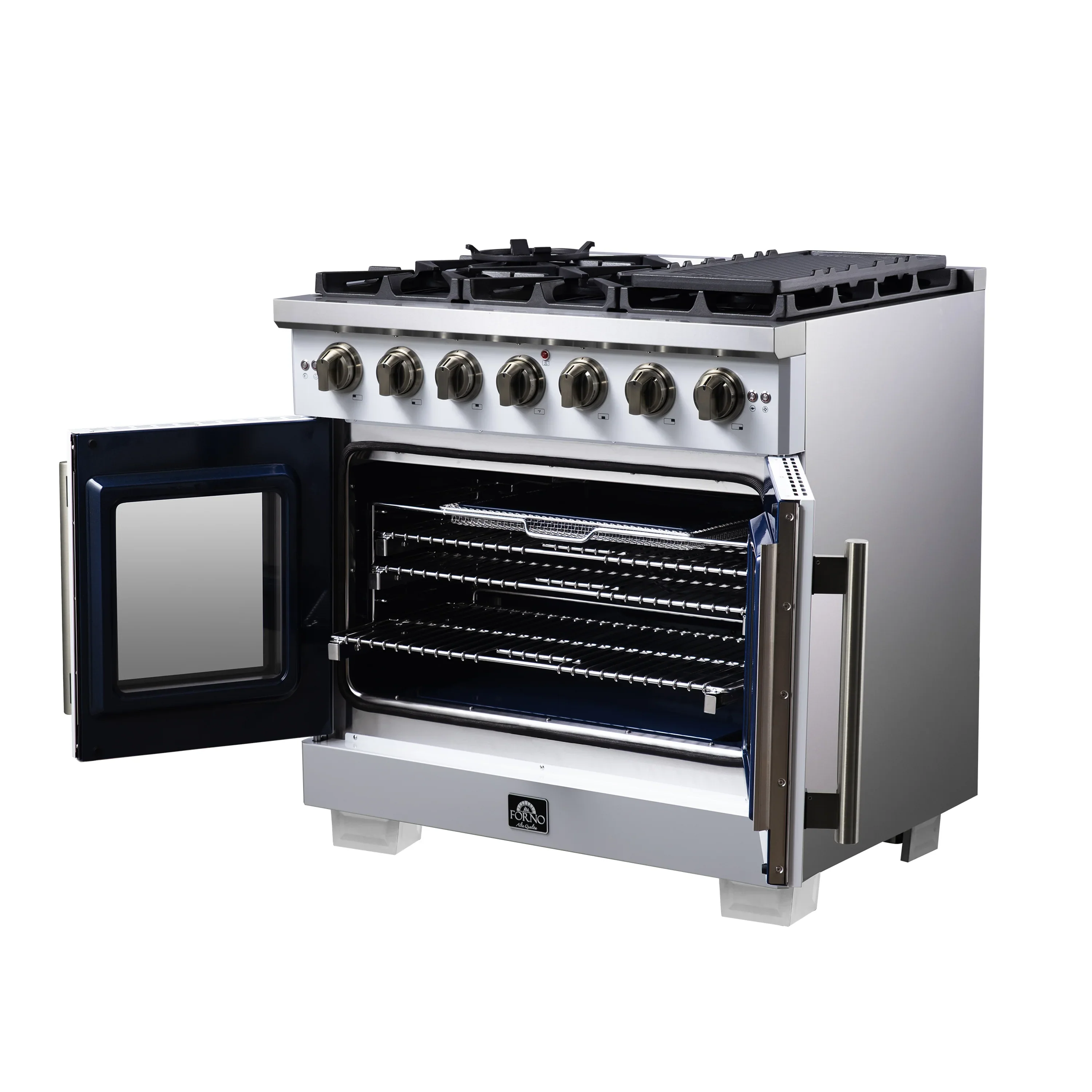 Forno Capriasca 36-Inch Freestanding French Door Gas Range with 6 Burners and 5.36 Cu.Ft. Convection Oven in White with Antique Brass Handle (FFSGS6460-36WHT) - Image 13