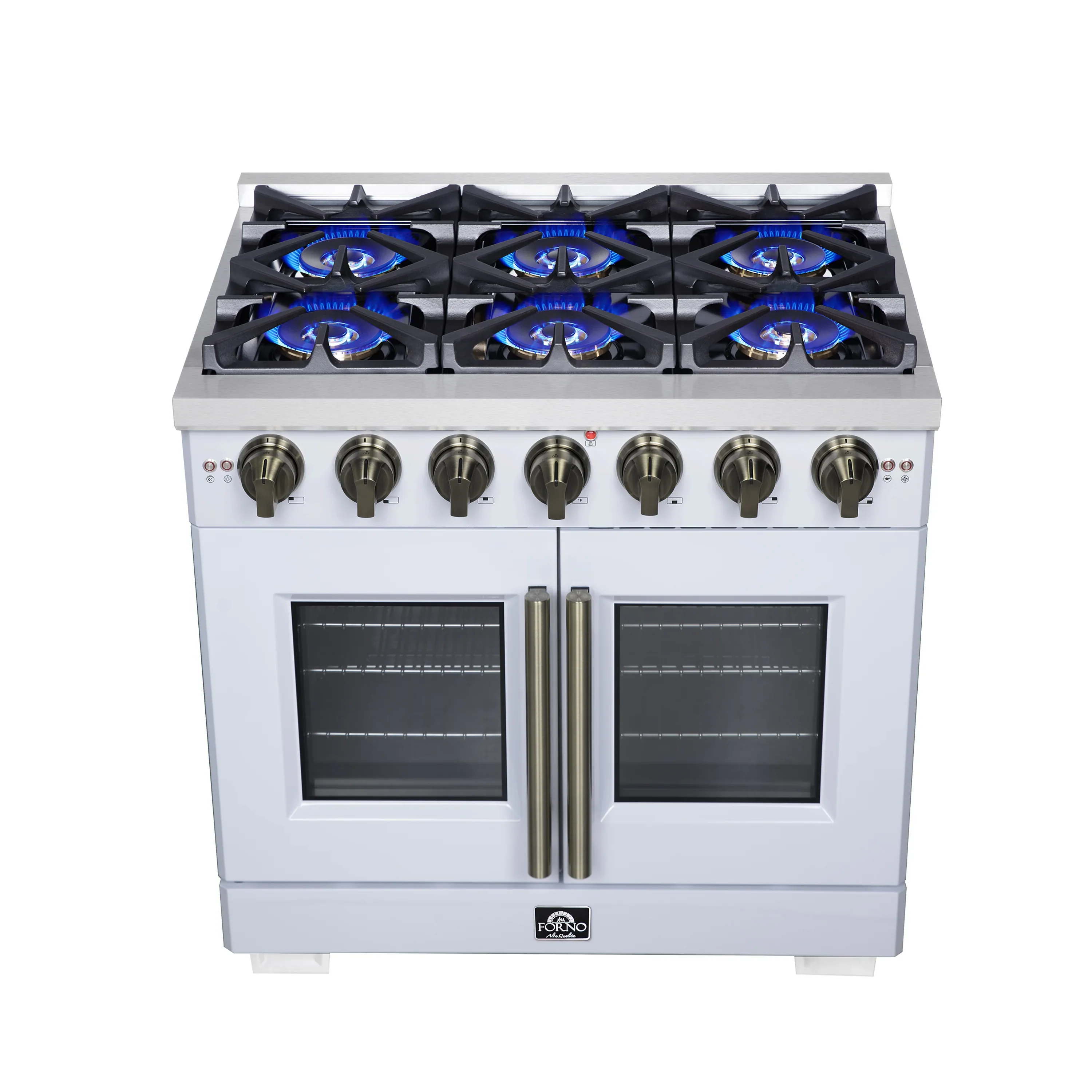 Forno Capriasca 36-Inch Freestanding French Door Gas Range with 6 Burners and 5.36 Cu.Ft. Convection Oven in White with Antique Brass Handle (FFSGS6460-36WHT) - Image 2