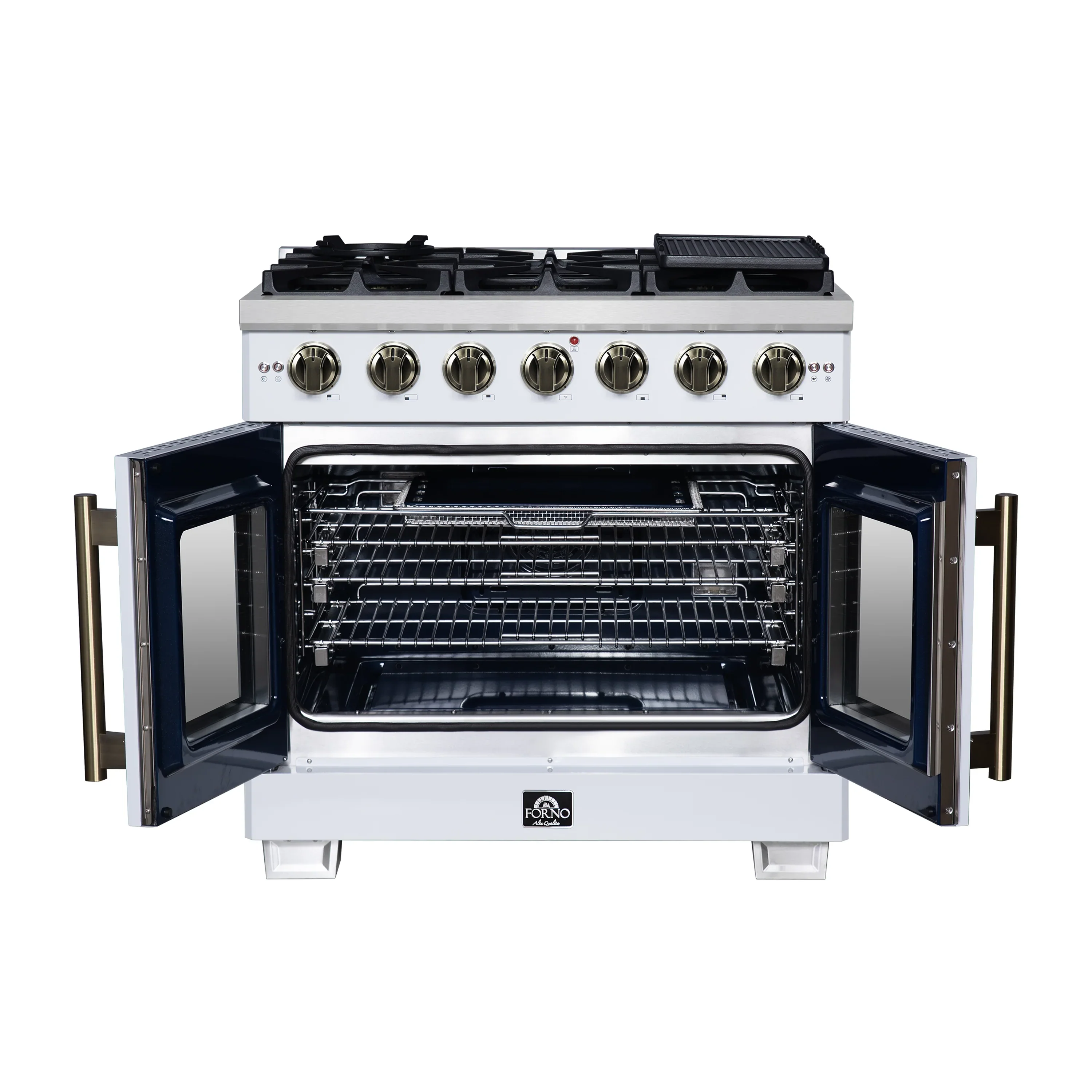 Forno Capriasca 36-Inch Freestanding French Door Gas Range with 6 Burners and 5.36 Cu.Ft. Convection Oven in White with Antique Brass Handle (FFSGS6460-36WHT) - Image 3