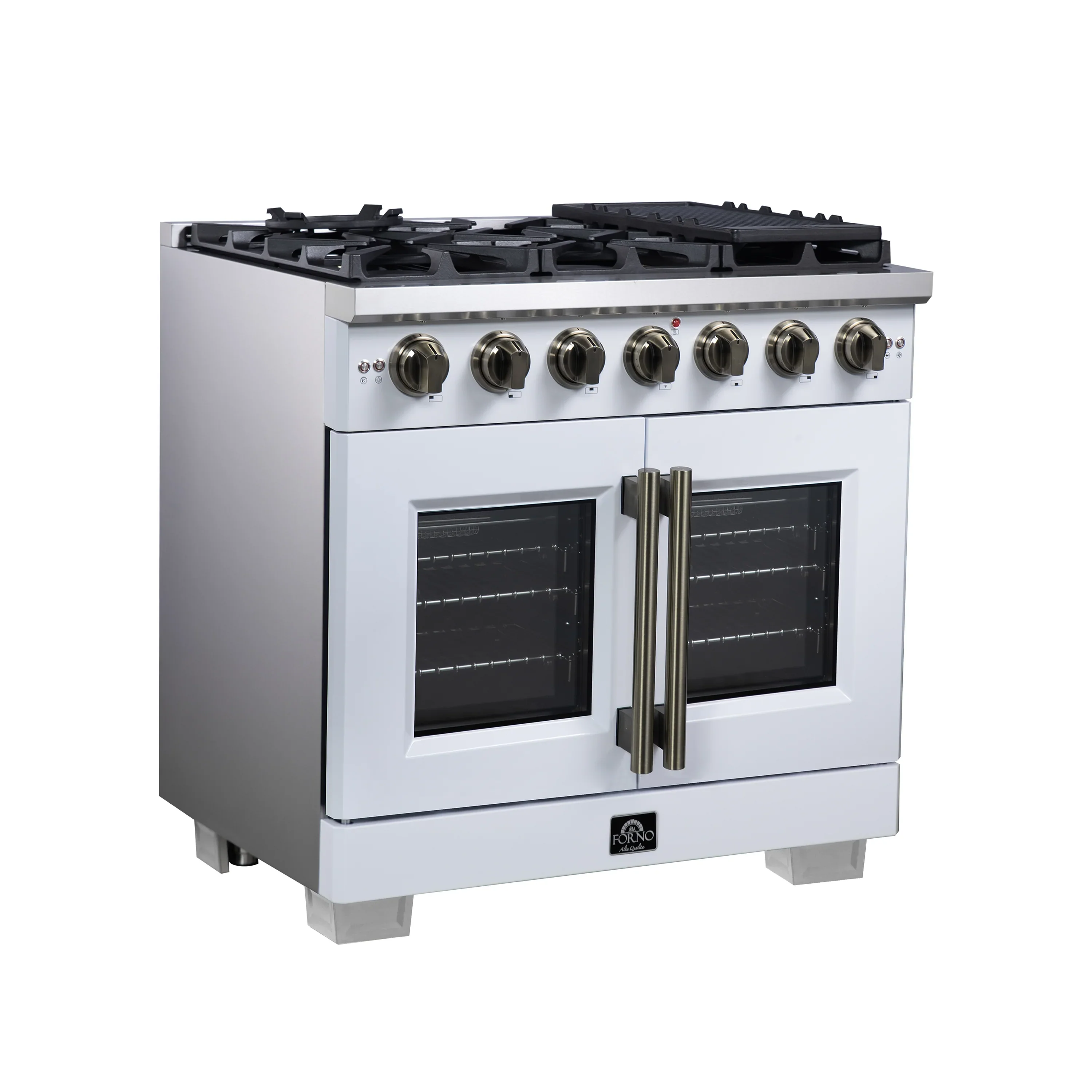 Forno Capriasca 36-Inch Freestanding French Door Gas Range with 6 Burners and 5.36 Cu.Ft. Convection Oven in White with Antique Brass Handle (FFSGS6460-36WHT) - Image 4