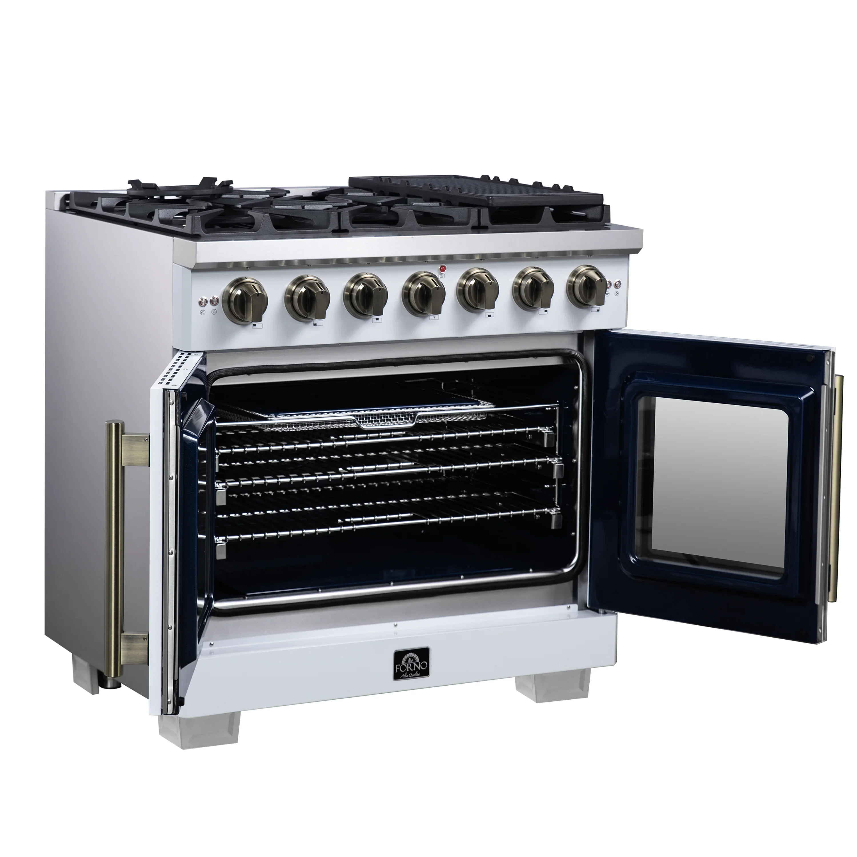 Forno Capriasca 36-Inch Freestanding French Door Gas Range with 6 Burners and 5.36 Cu.Ft. Convection Oven in White with Antique Brass Handle (FFSGS6460-36WHT) - Image 8