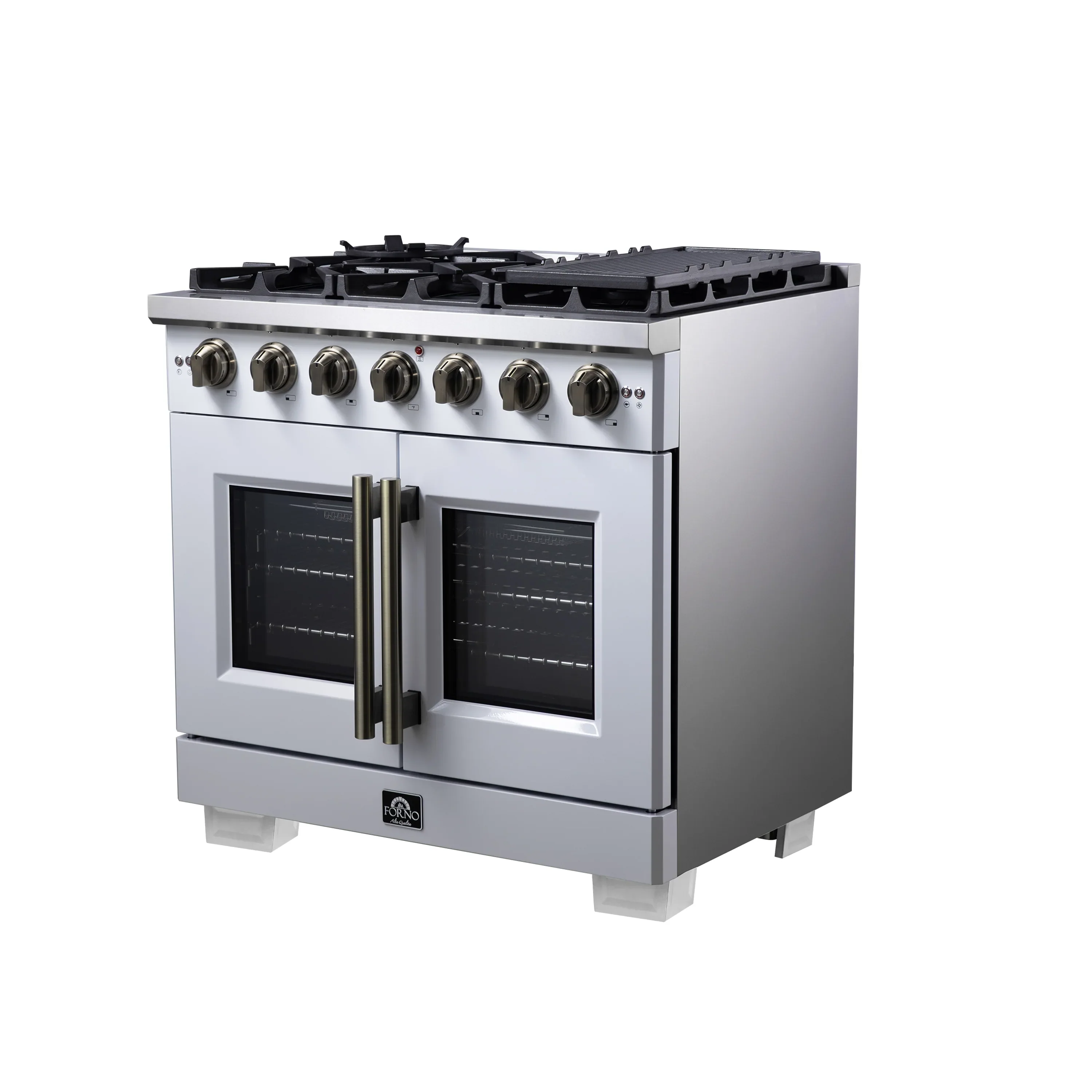 Forno Capriasca 36-Inch Freestanding French Door Gas Range with 6 Burners and 5.36 Cu.Ft. Convection Oven in White with Antique Brass Handle (FFSGS6460-36WHT) - Image 9