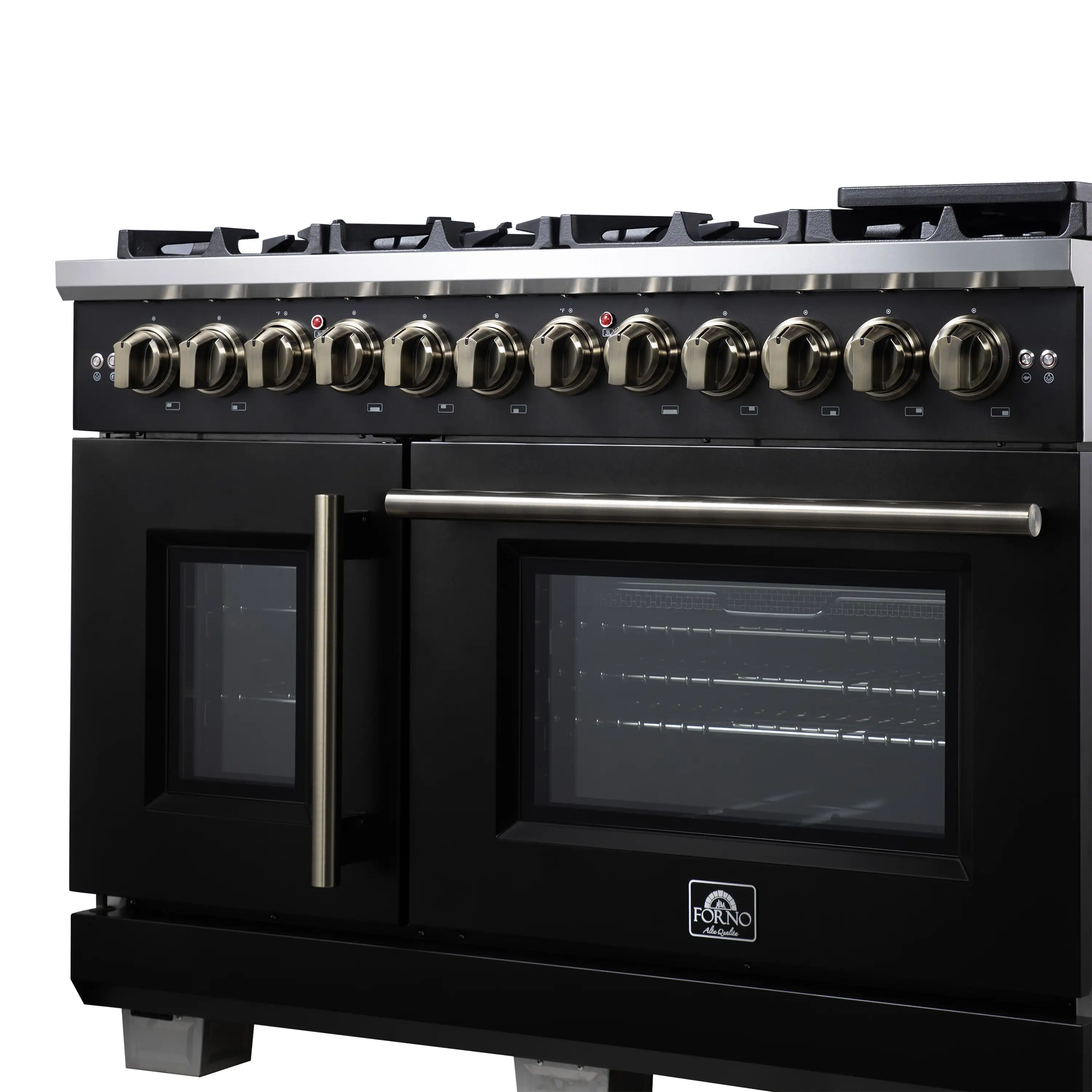 Forno Capriasca 48-Inch Freestanding French Door Dual Fuel Range in Black with Antique Brass Handle (FFSGS6387-48BLK) - Image 10