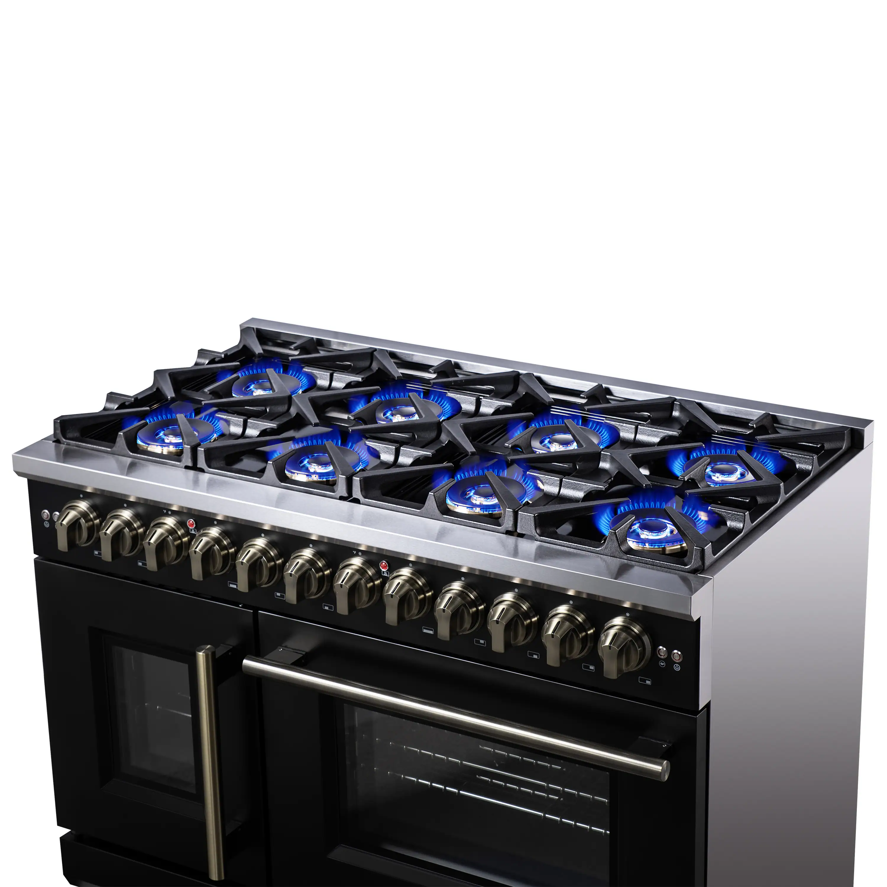 Forno Capriasca 48-Inch Freestanding French Door Dual Fuel Range in Black with Antique Brass Handle (FFSGS6387-48BLK) - Image 11