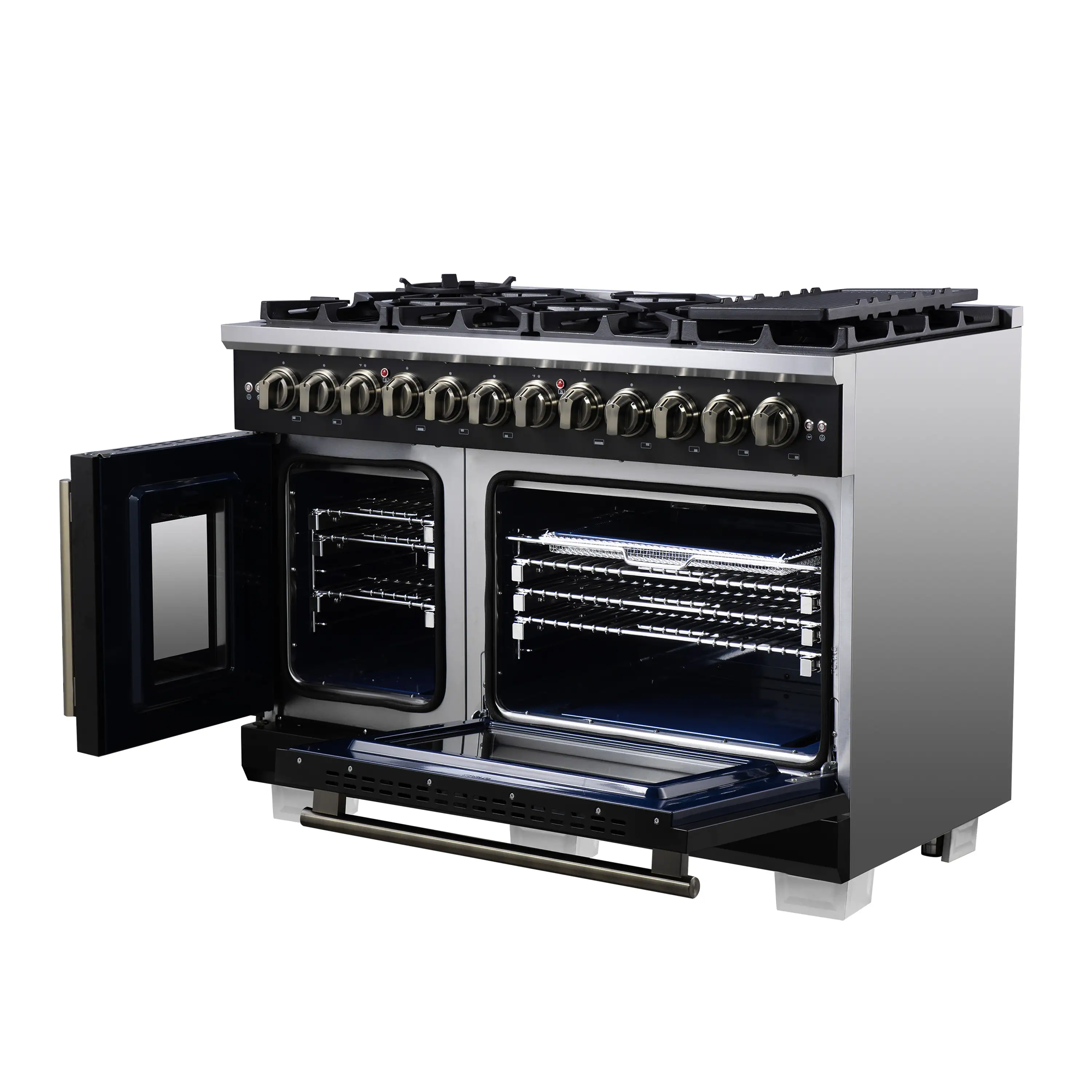 Forno Capriasca 48-Inch Freestanding French Door Dual Fuel Range in Black with Antique Brass Handle (FFSGS6387-48BLK) - Image 12