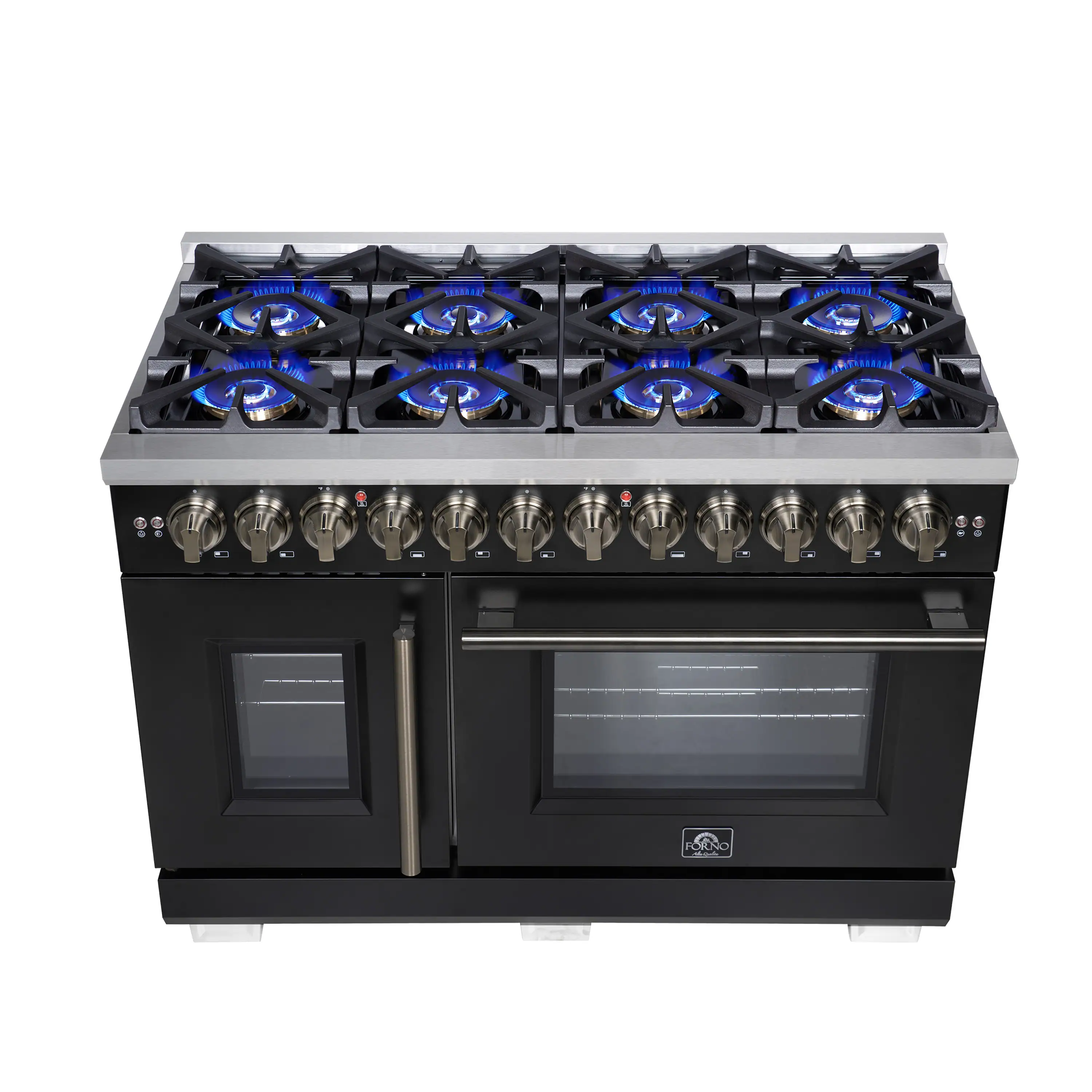 Forno Capriasca 48-Inch Freestanding French Door Dual Fuel Range in Black with Antique Brass Handle (FFSGS6387-48BLK) - Image 2
