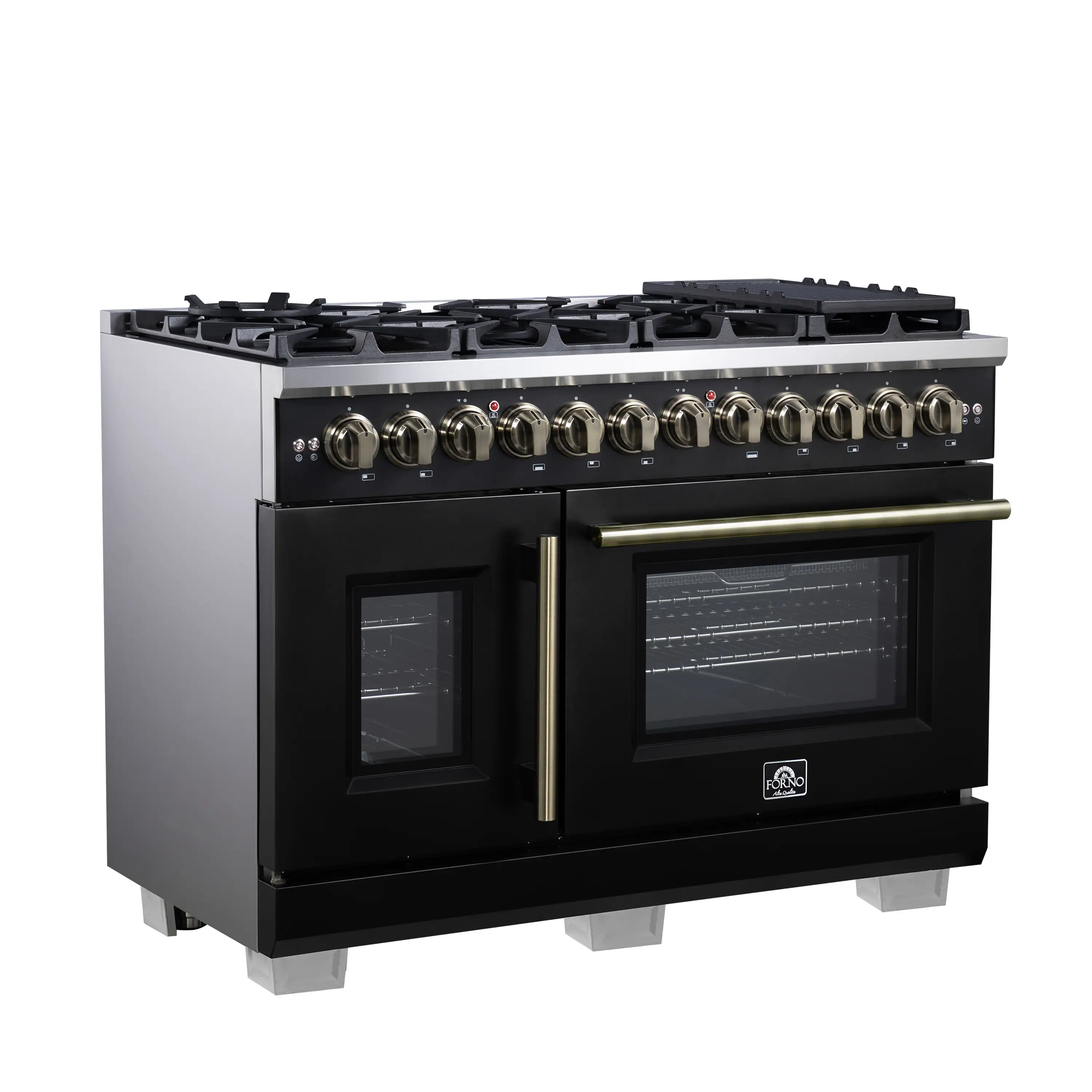 Forno Capriasca 48-Inch Freestanding French Door Dual Fuel Range in Black with Antique Brass Handle (FFSGS6387-48BLK) - Image 3