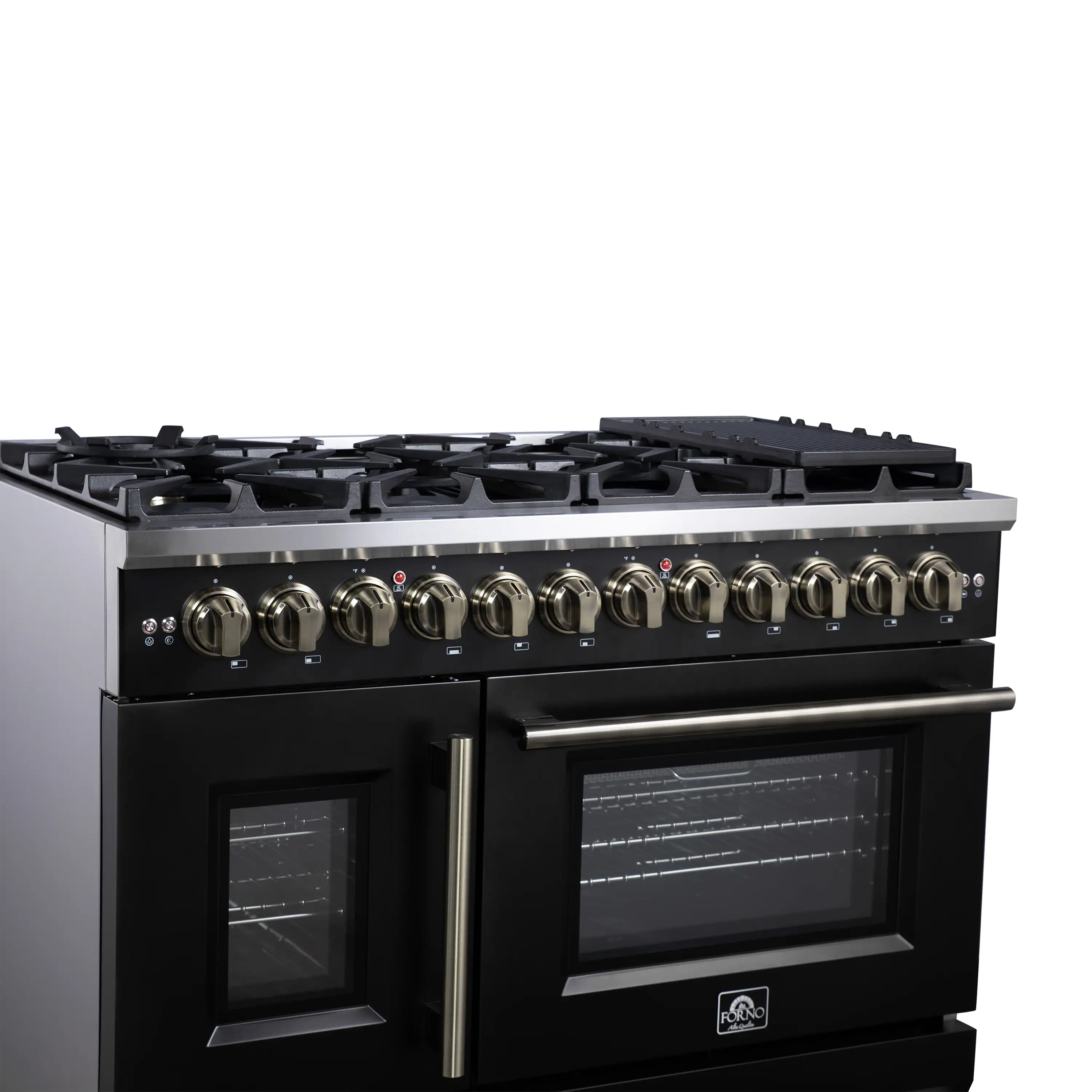 Forno Capriasca 48-Inch Freestanding French Door Dual Fuel Range in Black with Antique Brass Handle (FFSGS6387-48BLK) - Image 4