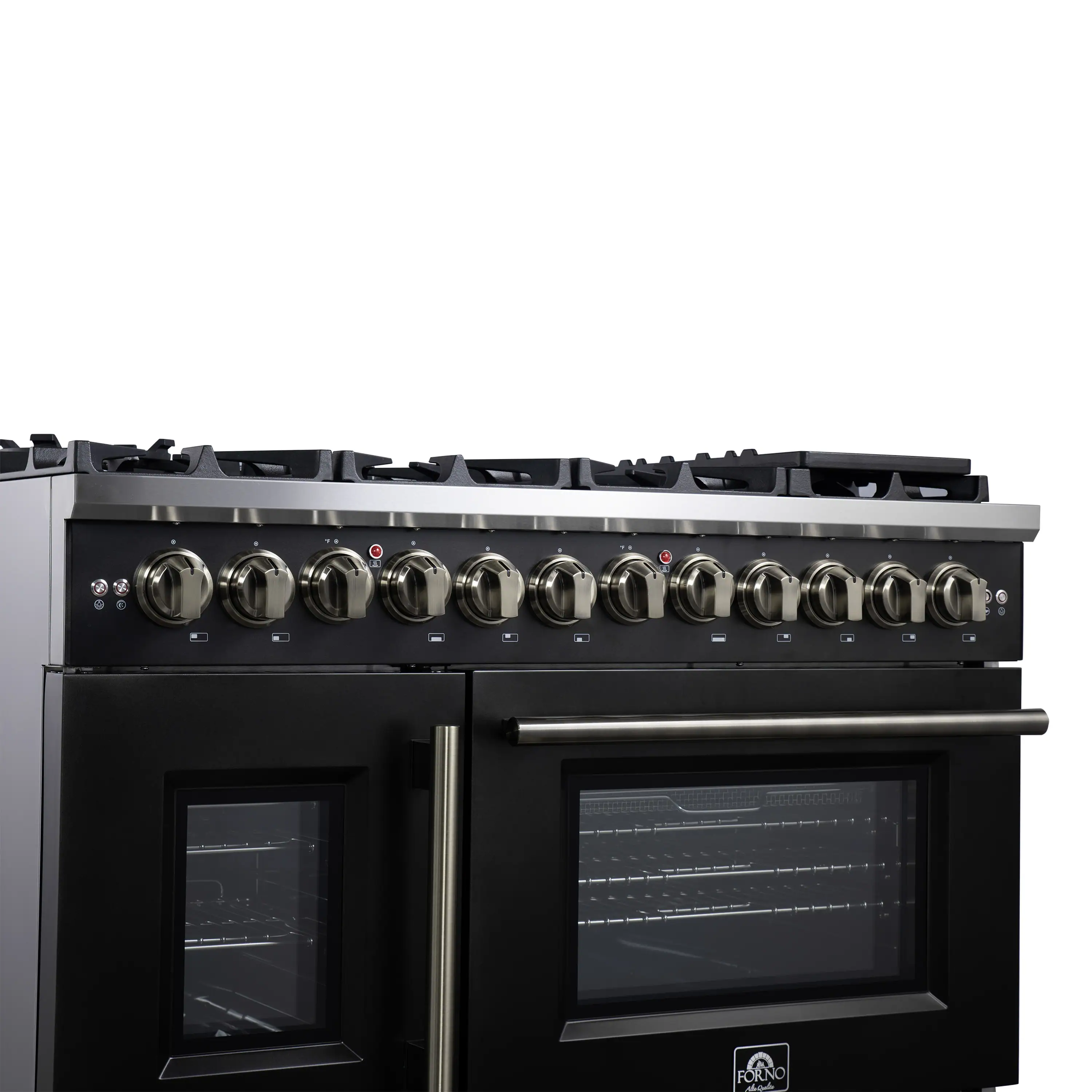 Forno Capriasca 48-Inch Freestanding French Door Dual Fuel Range in Black with Antique Brass Handle (FFSGS6387-48BLK) - Image 5