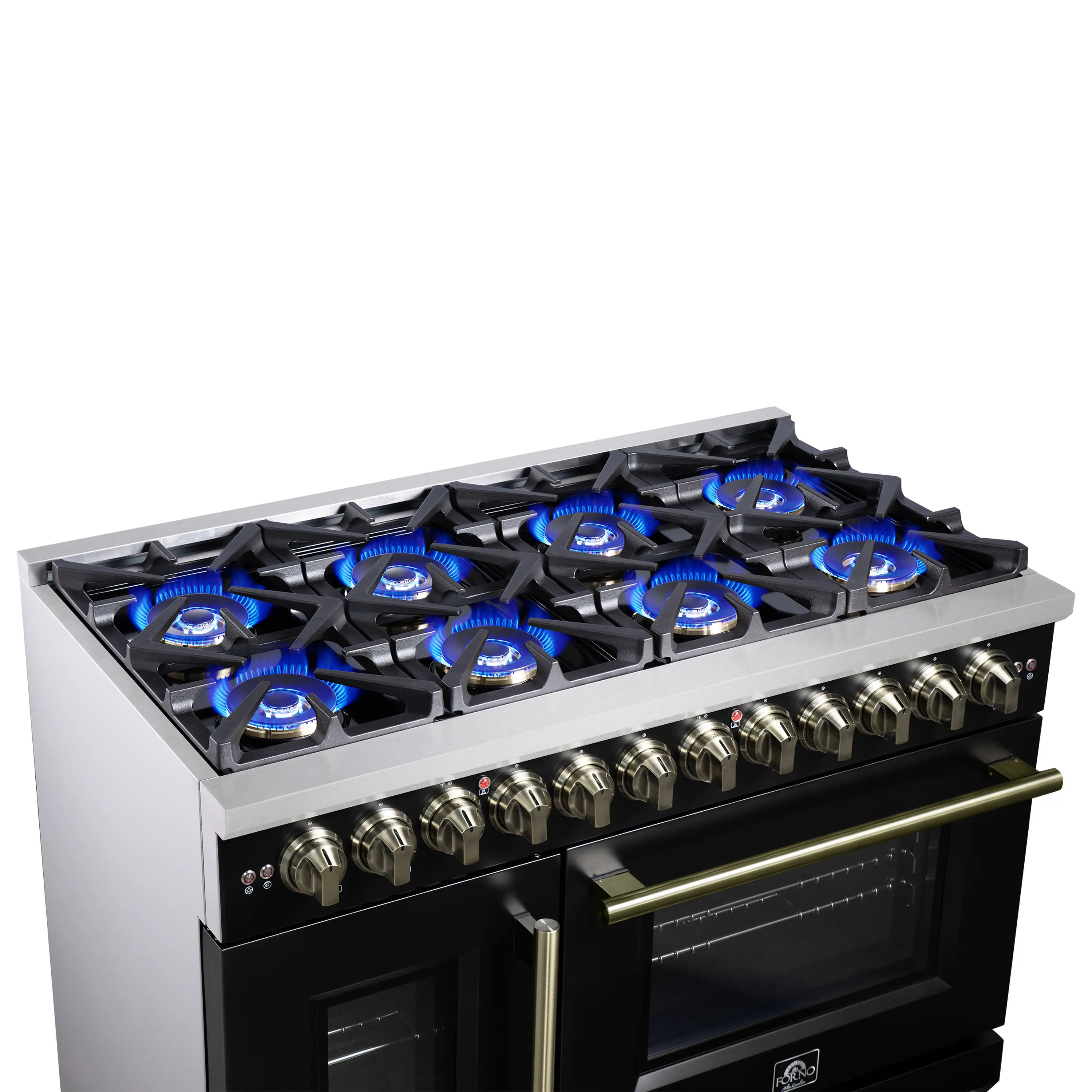 Forno Capriasca 48-Inch Freestanding French Door Dual Fuel Range in Black with Antique Brass Handle (FFSGS6387-48BLK) - Image 6