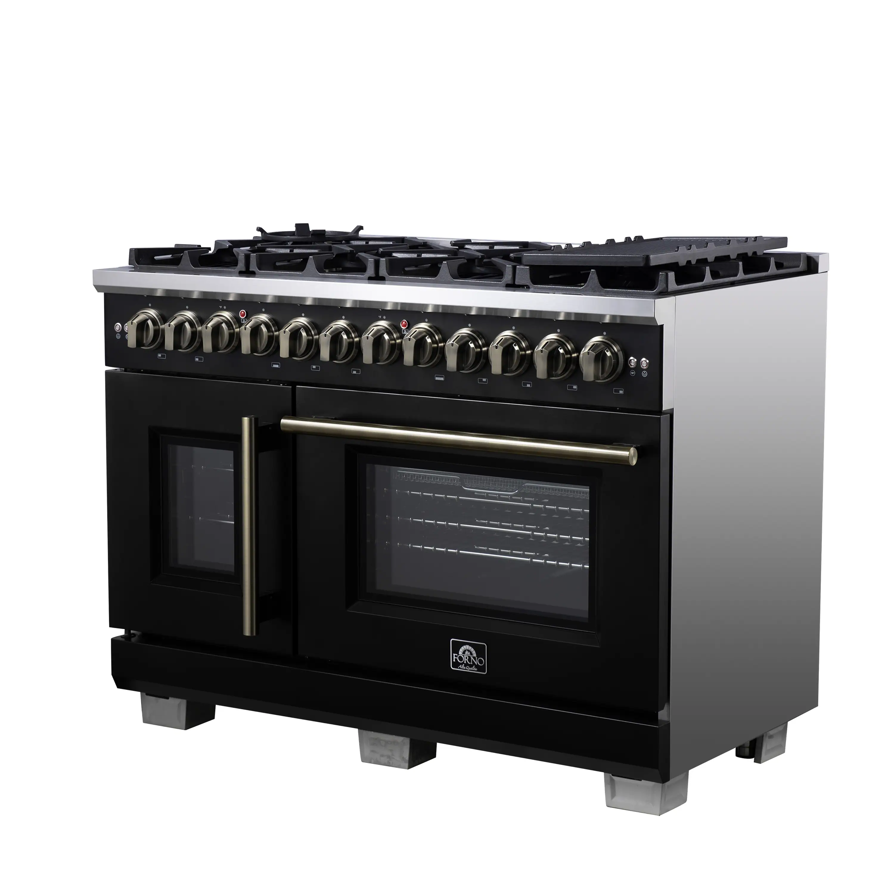 Forno Capriasca 48-Inch Freestanding French Door Dual Fuel Range in Black with Antique Brass Handle (FFSGS6387-48BLK) - Image 8