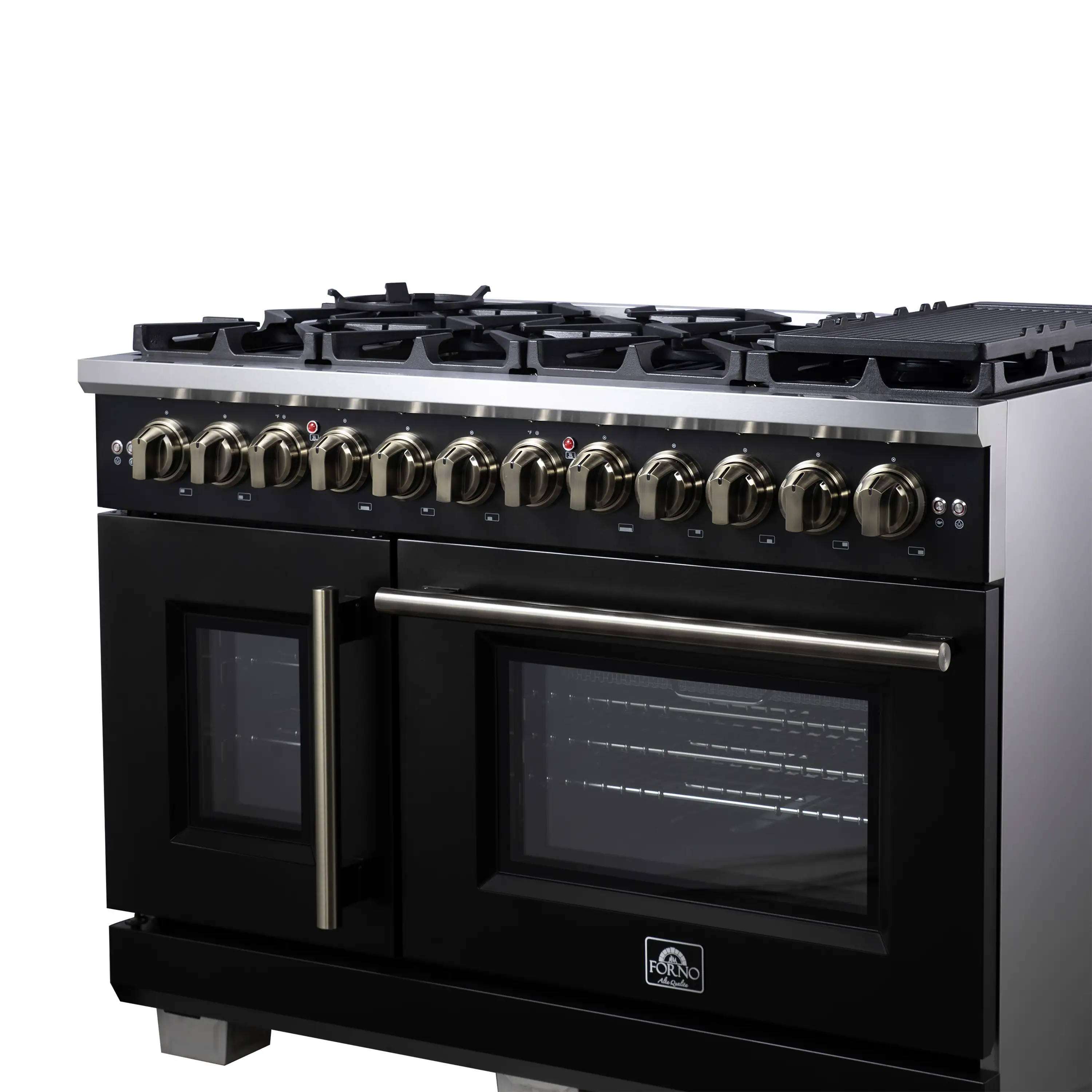 Forno Capriasca 48-Inch Freestanding French Door Dual Fuel Range in Black with Antique Brass Handle (FFSGS6387-48BLK) - Image 9