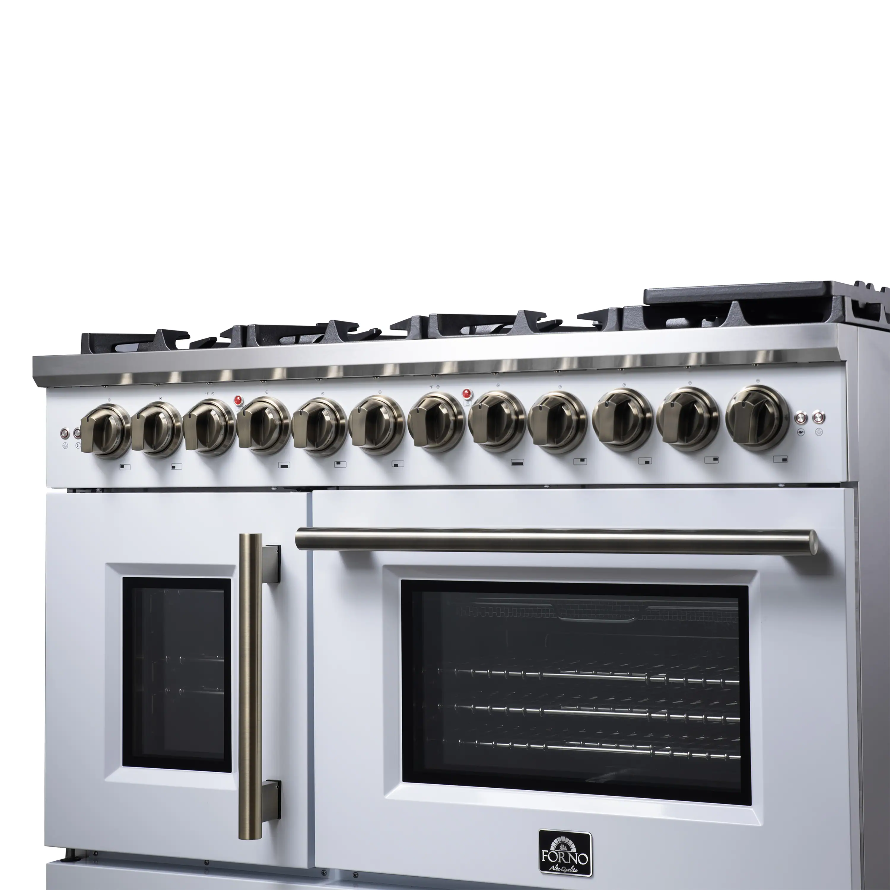 Forno Capriasca 48-Inch Freestanding French Door Dual Fuel Range in White with Antique Brass Handle (FFSGS6387-48WHT) - Image 10