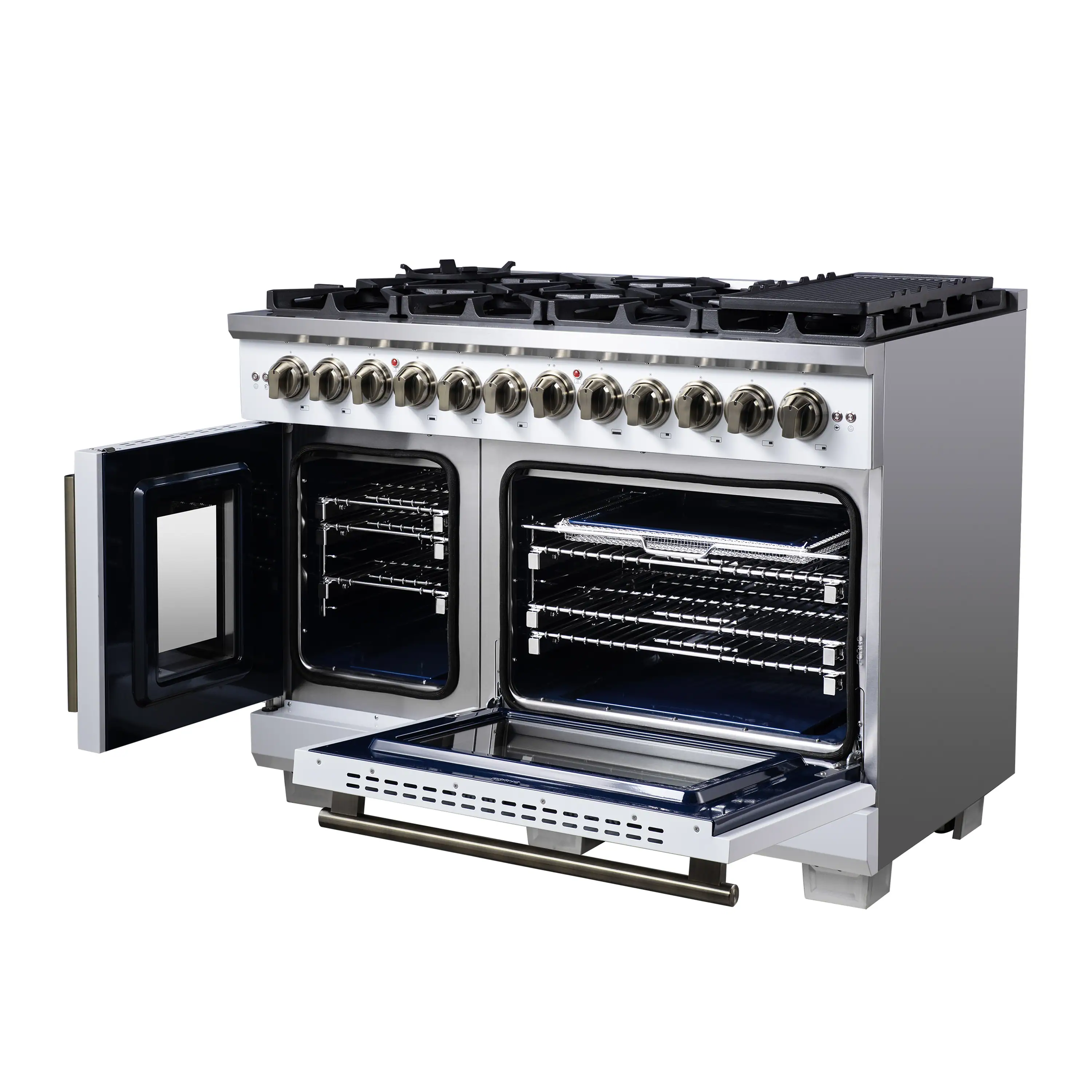 Forno Capriasca 48-Inch Freestanding French Door Dual Fuel Range in White with Antique Brass Handle (FFSGS6387-48WHT) - Image 11
