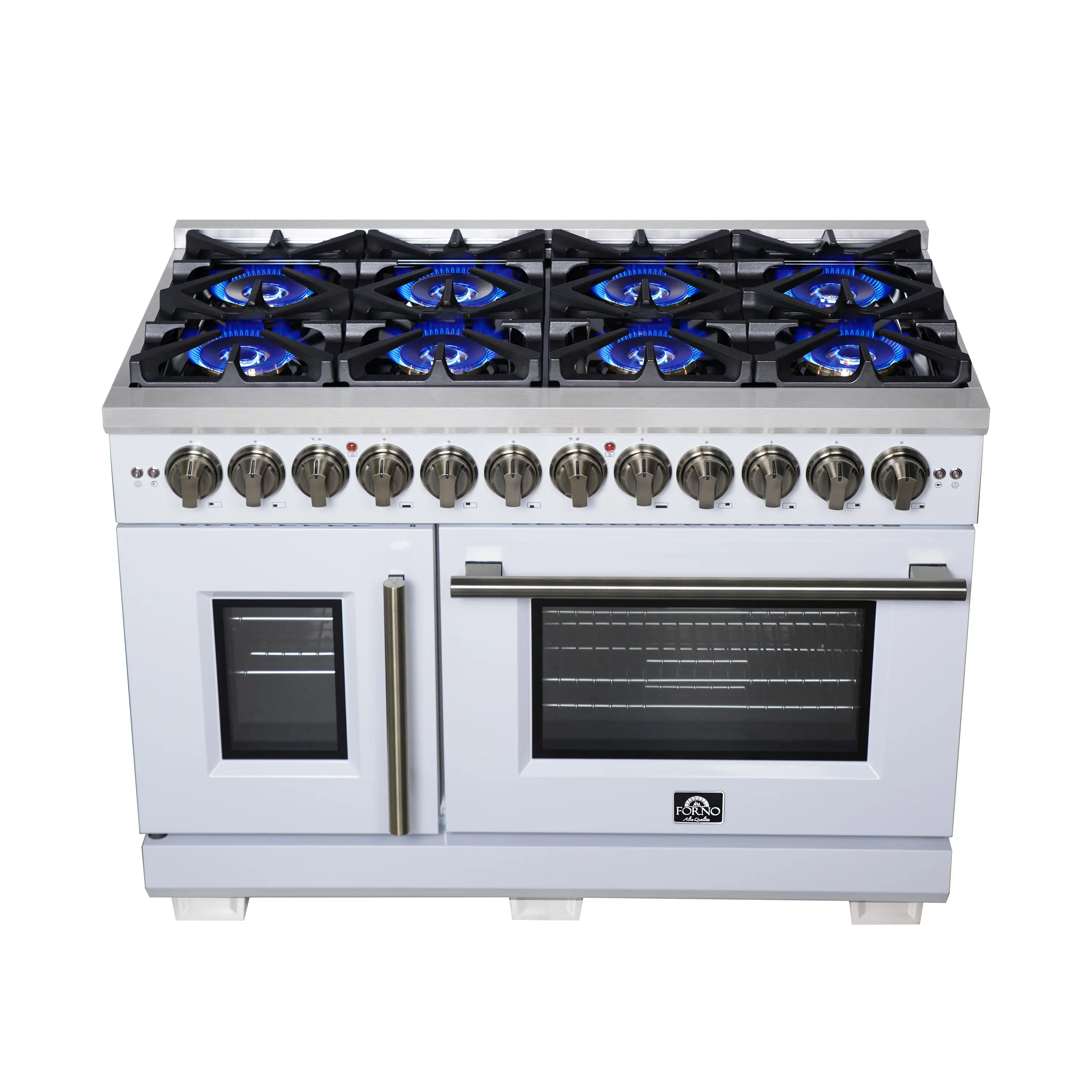 Forno Capriasca 48-Inch Freestanding French Door Dual Fuel Range in White with Antique Brass Handle (FFSGS6387-48WHT) - Image 2