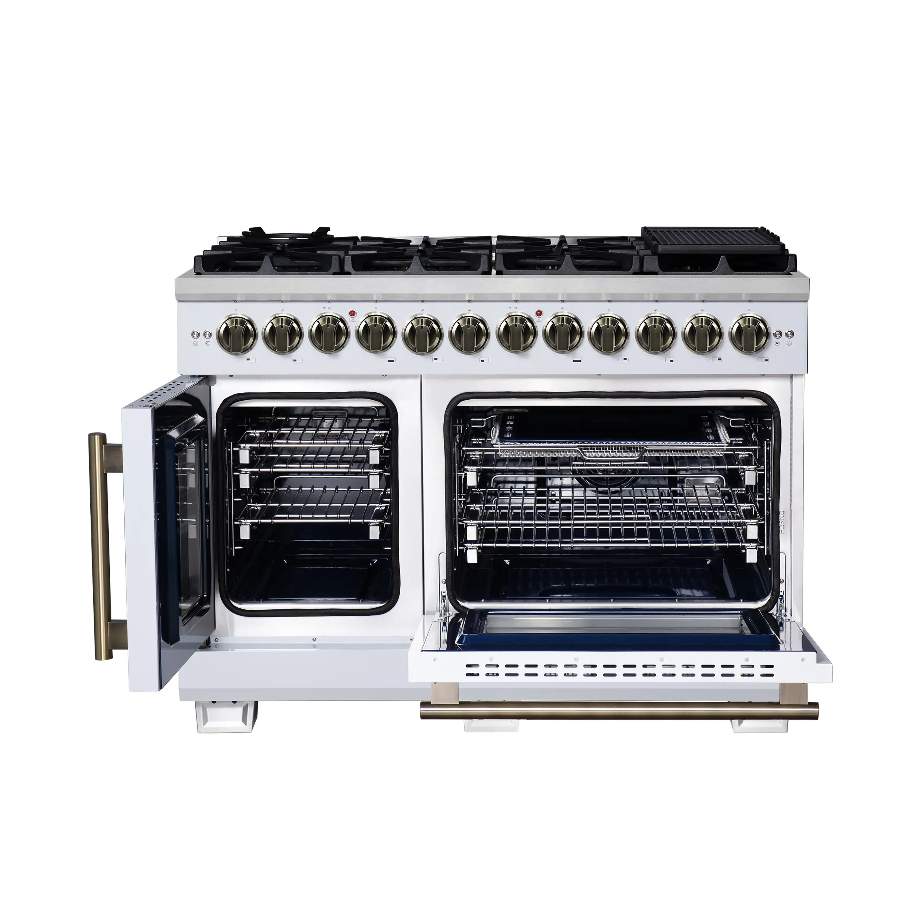 Forno Capriasca 48-Inch Freestanding French Door Dual Fuel Range in White with Antique Brass Handle (FFSGS6387-48WHT) - Image 3
