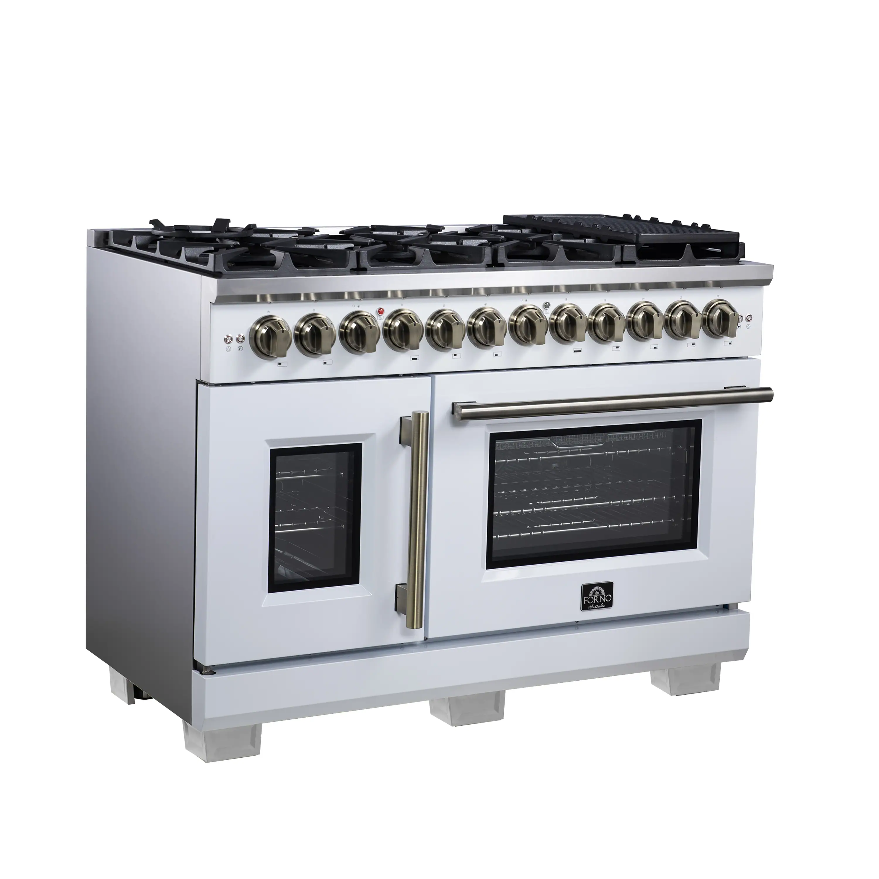 Forno Capriasca 48-Inch Freestanding French Door Dual Fuel Range in White with Antique Brass Handle (FFSGS6387-48WHT) - Image 4