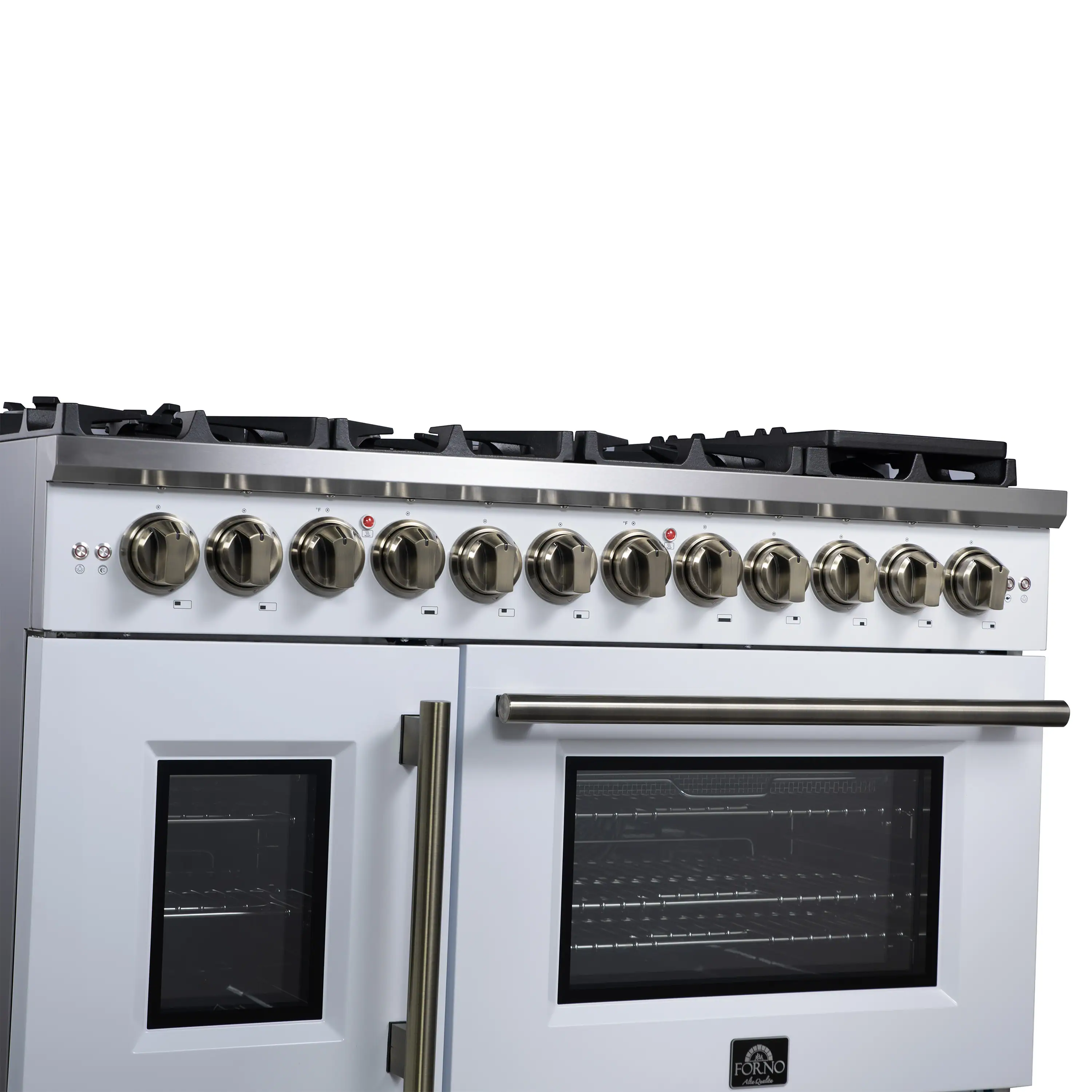 Forno Capriasca 48-Inch Freestanding French Door Dual Fuel Range in White with Antique Brass Handle (FFSGS6387-48WHT) - Image 5