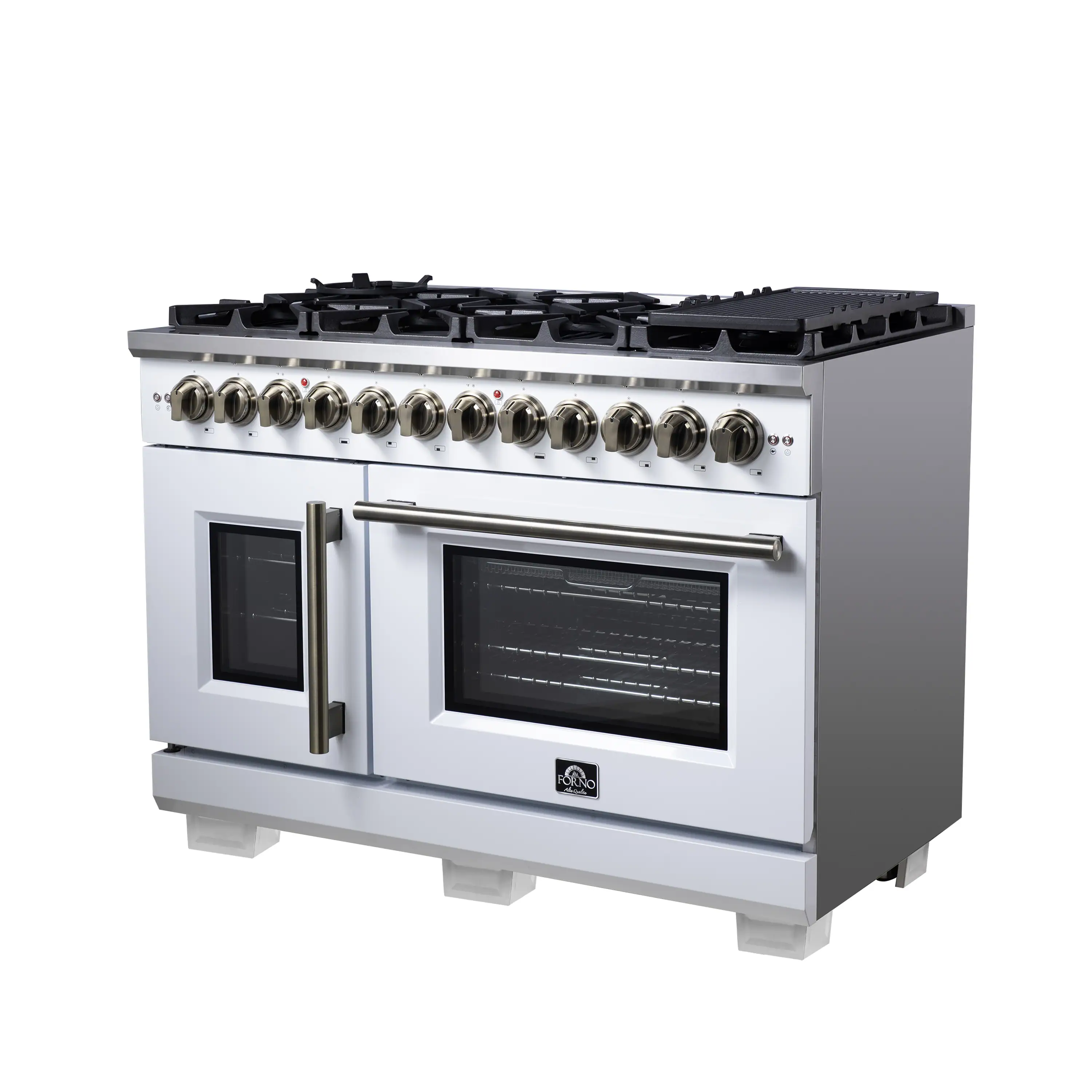 Forno Capriasca 48-Inch Freestanding French Door Dual Fuel Range in White with Antique Brass Handle (FFSGS6387-48WHT) - Image 7
