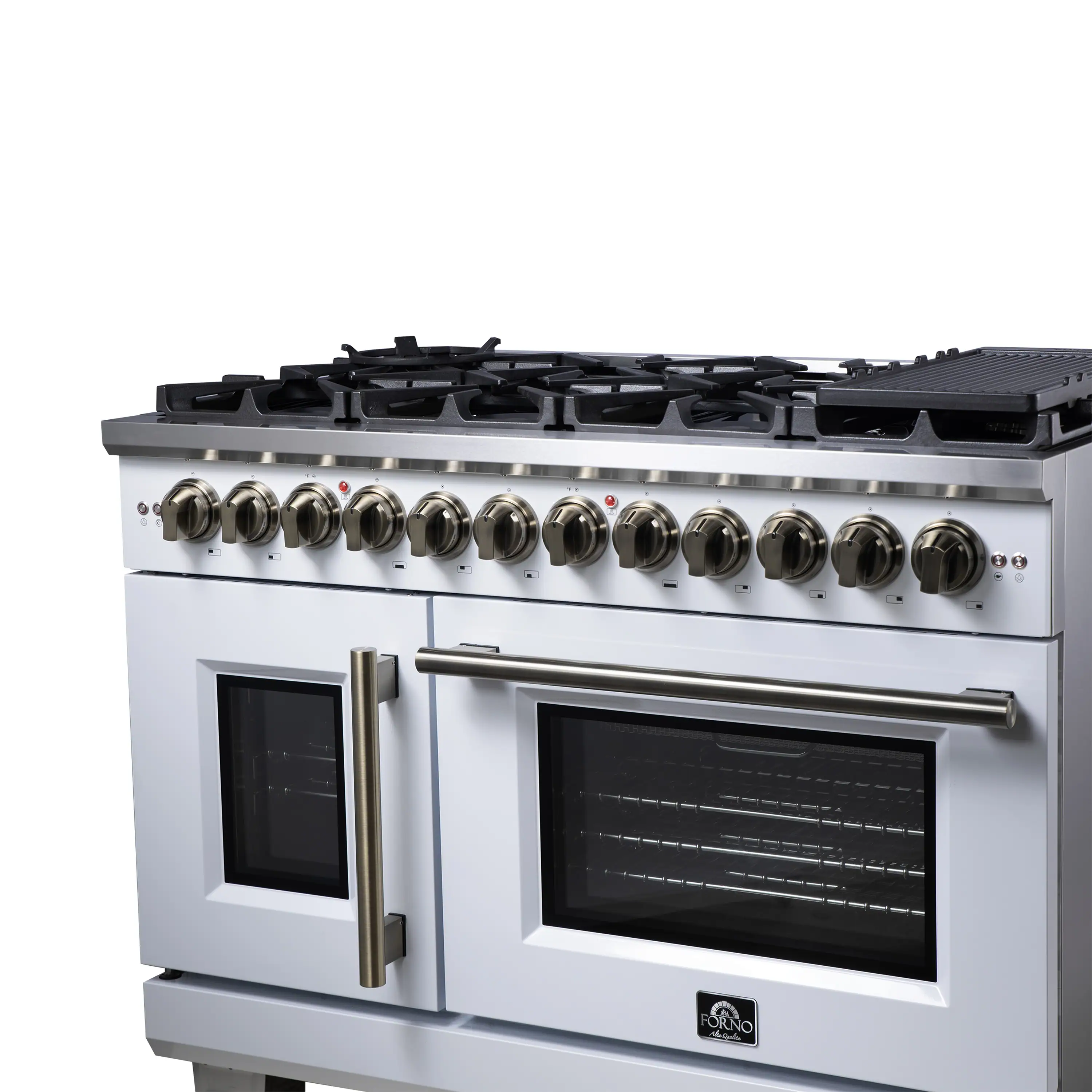 Forno Capriasca 48-Inch Freestanding French Door Dual Fuel Range in White with Antique Brass Handle (FFSGS6387-48WHT) - Image 9
