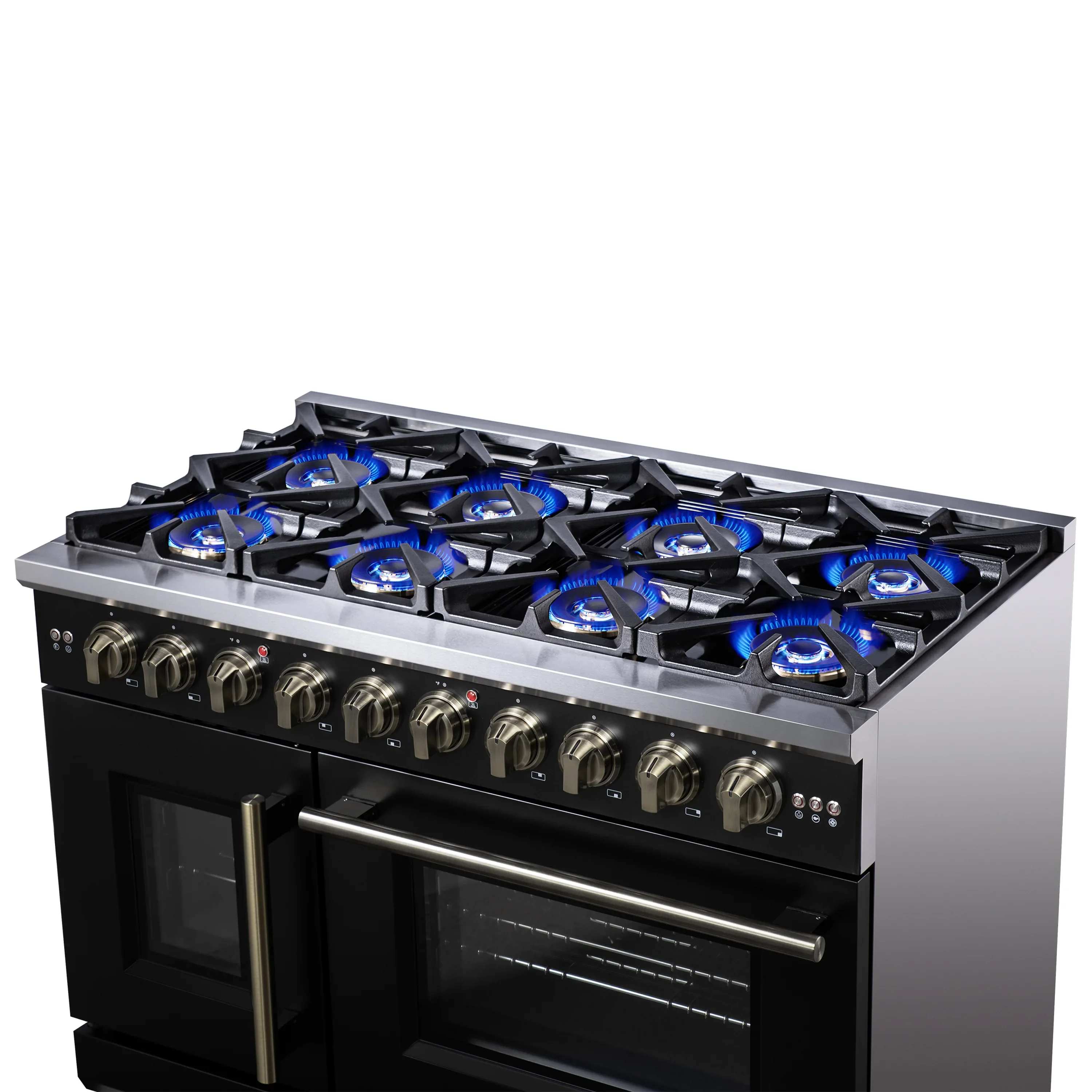 Forno Capriasca 48-Inch Freestanding French Door Gas Range with 8 Burners and 6.58 Cu.Ft. Convection Oven in Black with Antique Brass Handle (FFSGS6460-48BLK) - Image 11