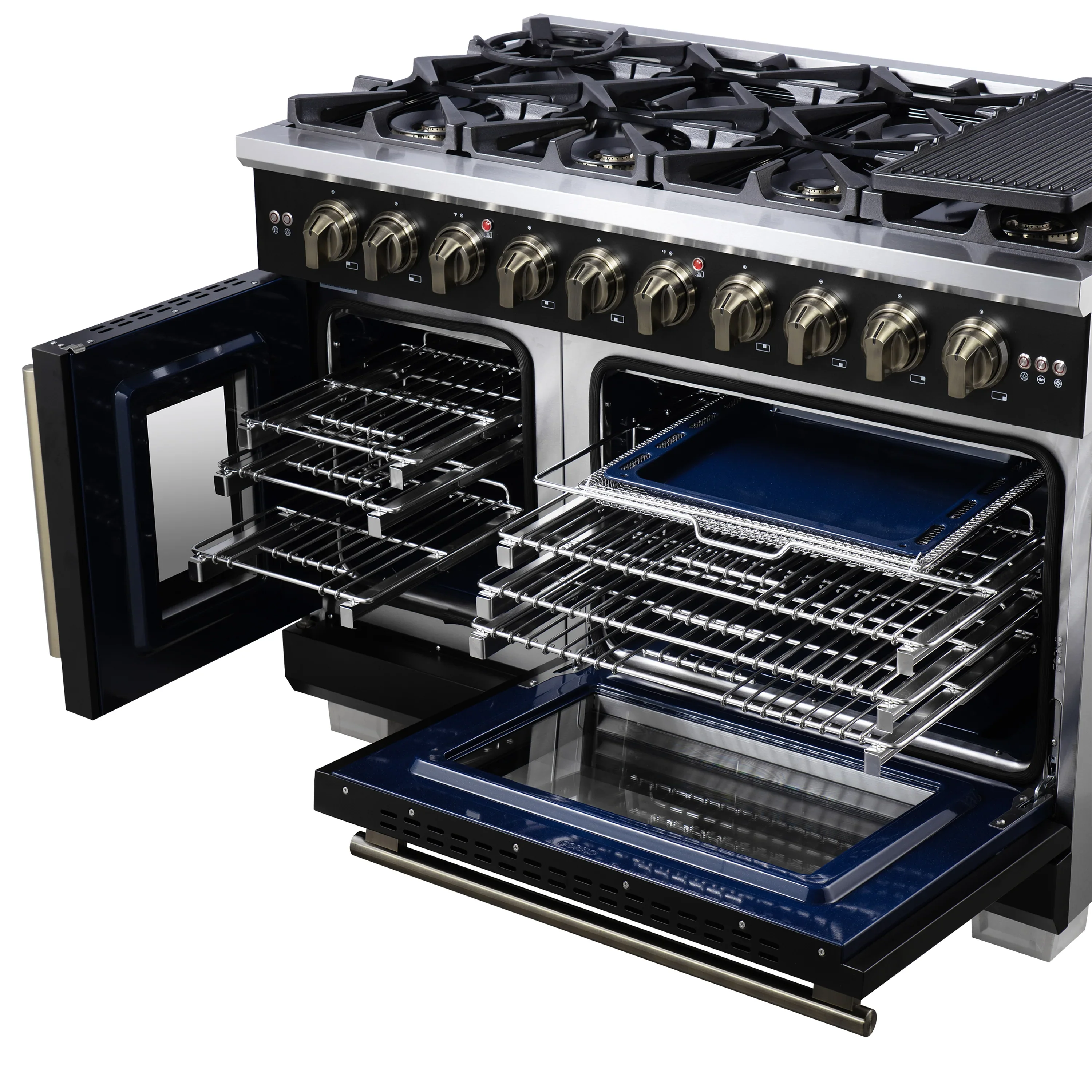 Forno Capriasca 48-Inch Freestanding French Door Gas Range with 8 Burners and 6.58 Cu.Ft. Convection Oven in Black with Antique Brass Handle (FFSGS6460-48BLK) - Image 12