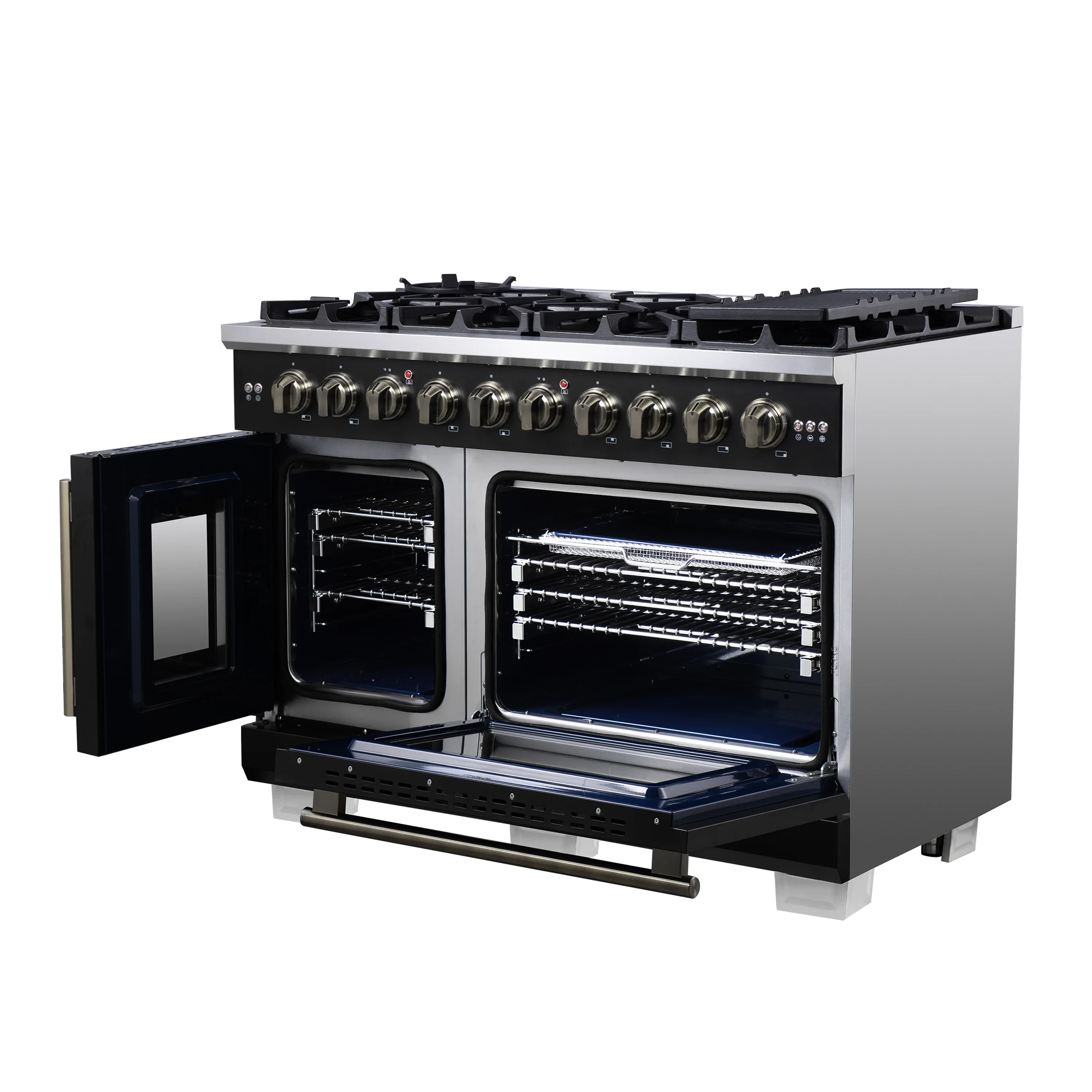 Forno Capriasca 48-Inch Freestanding French Door Gas Range with 8 Burners and 6.58 Cu.Ft. Convection Oven in Black with Antique Brass Handle (FFSGS6460-48BLK) - Image 13