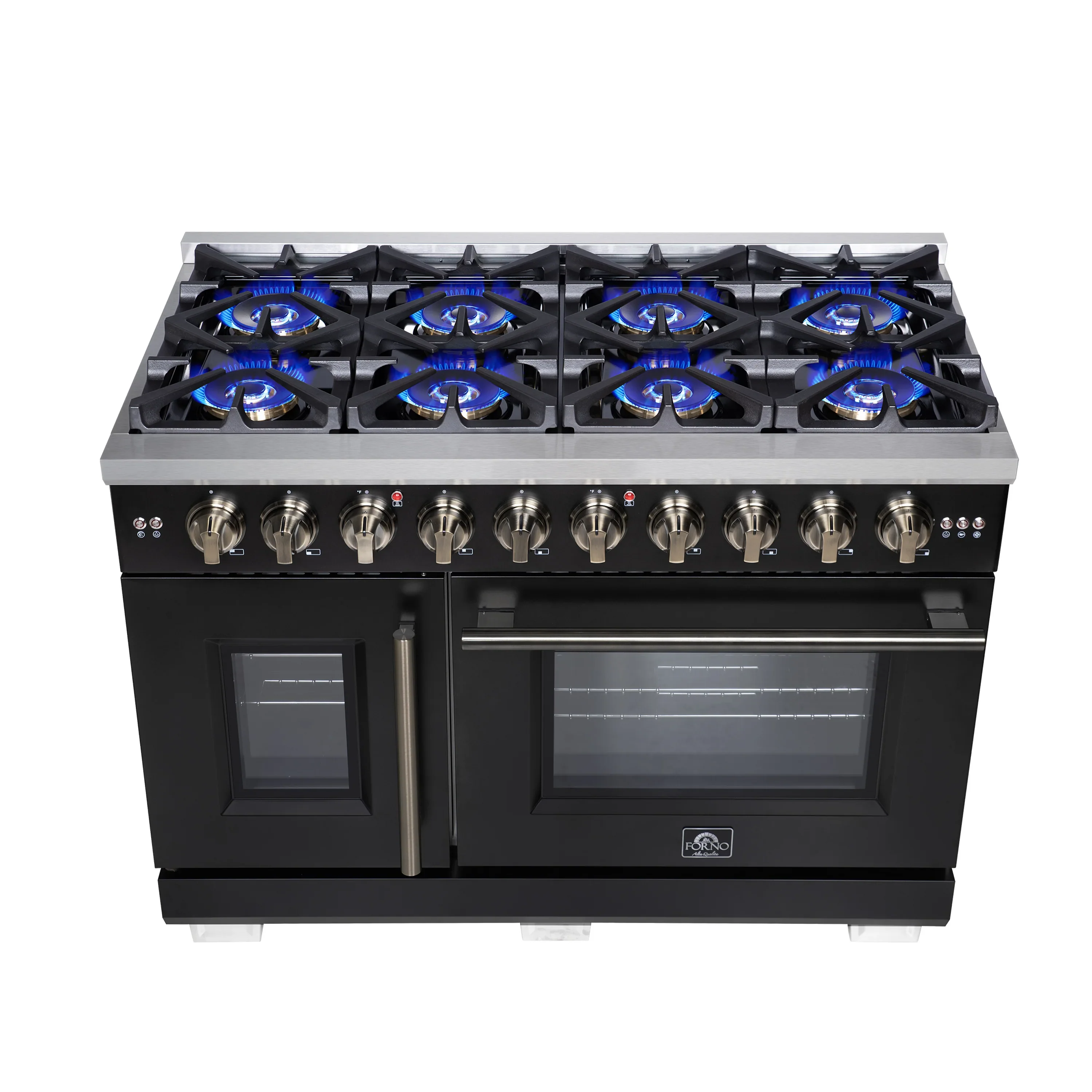 Forno Capriasca 48-Inch Freestanding French Door Gas Range with 8 Burners and 6.58 Cu.Ft. Convection Oven in Black with Antique Brass Handle (FFSGS6460-48BLK) - Image 2