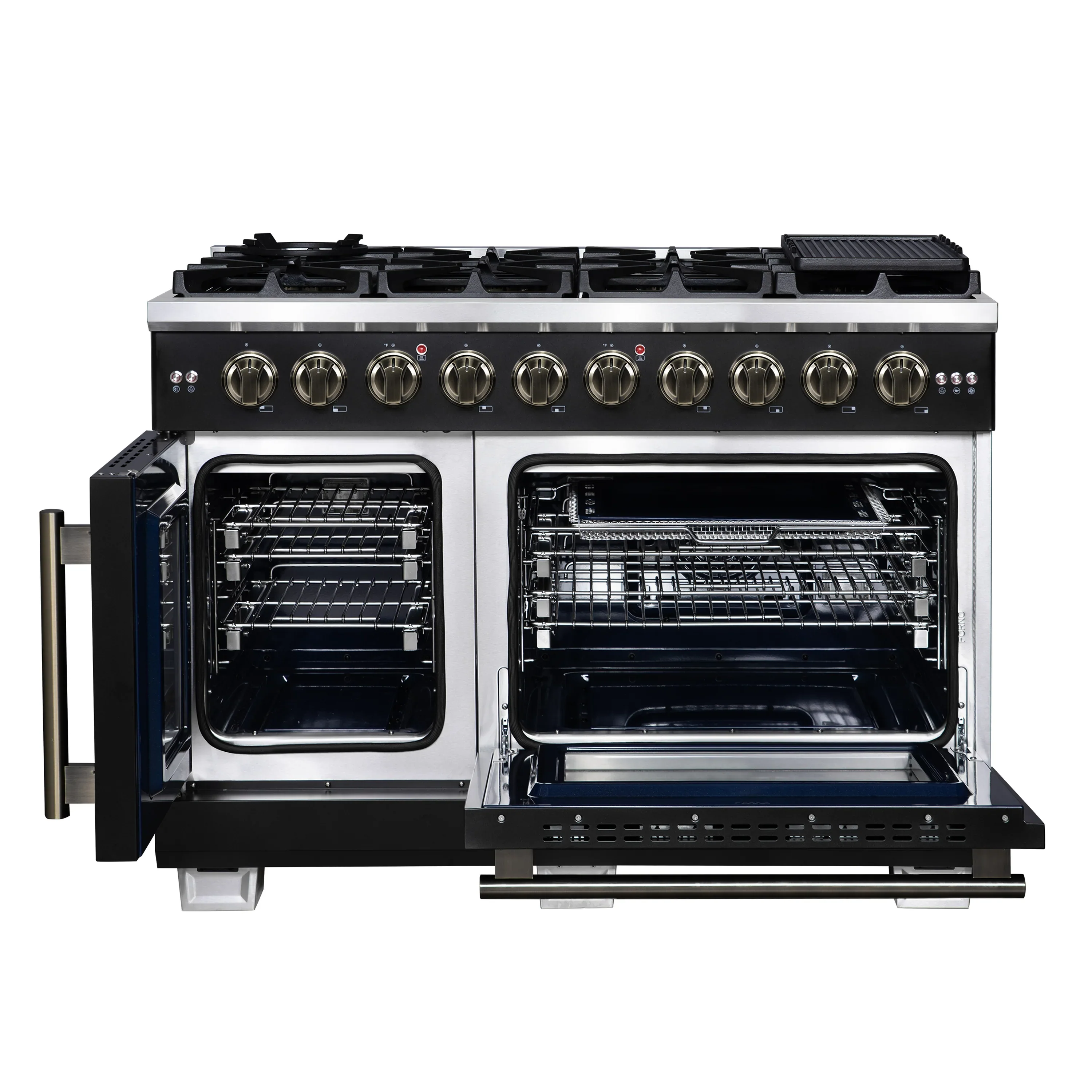 Forno Capriasca 48-Inch Freestanding French Door Gas Range with 8 Burners and 6.58 Cu.Ft. Convection Oven in Black with Antique Brass Handle (FFSGS6460-48BLK) - Image 3