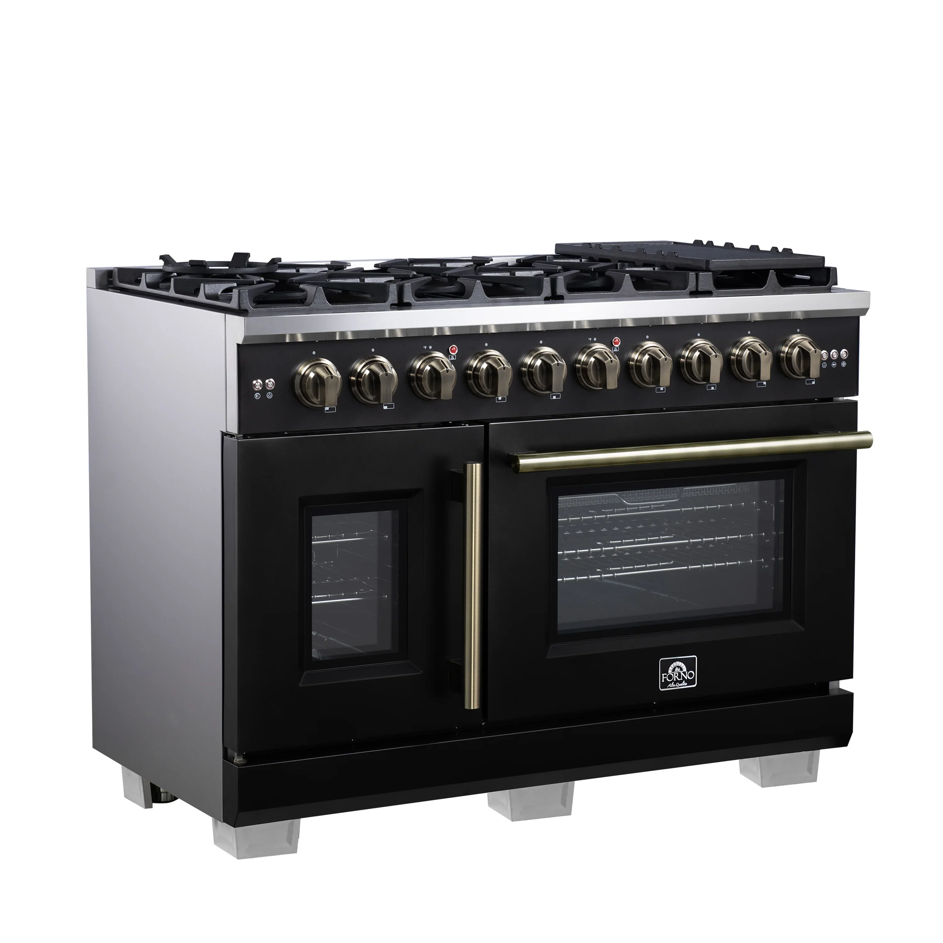 Forno Capriasca 48-Inch Freestanding French Door Gas Range with 8 Burners and 6.58 Cu.Ft. Convection Oven in Black with Antique Brass Handle (FFSGS6460-48BLK) - Image 4