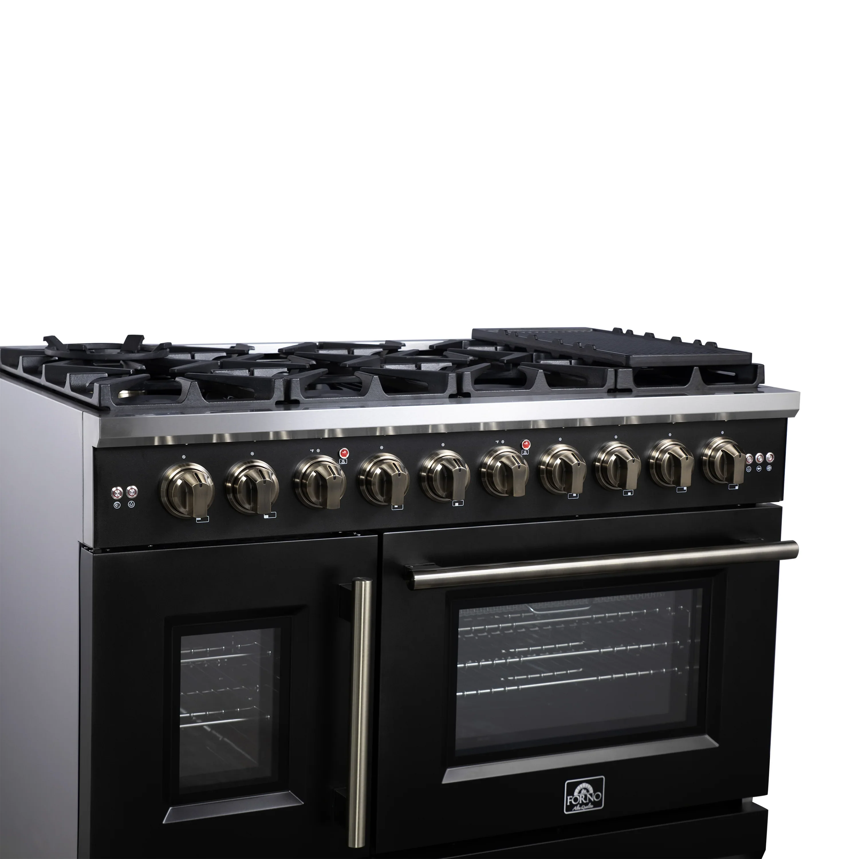Forno Capriasca 48-Inch Freestanding French Door Gas Range with 8 Burners and 6.58 Cu.Ft. Convection Oven in Black with Antique Brass Handle (FFSGS6460-48BLK) - Image 5