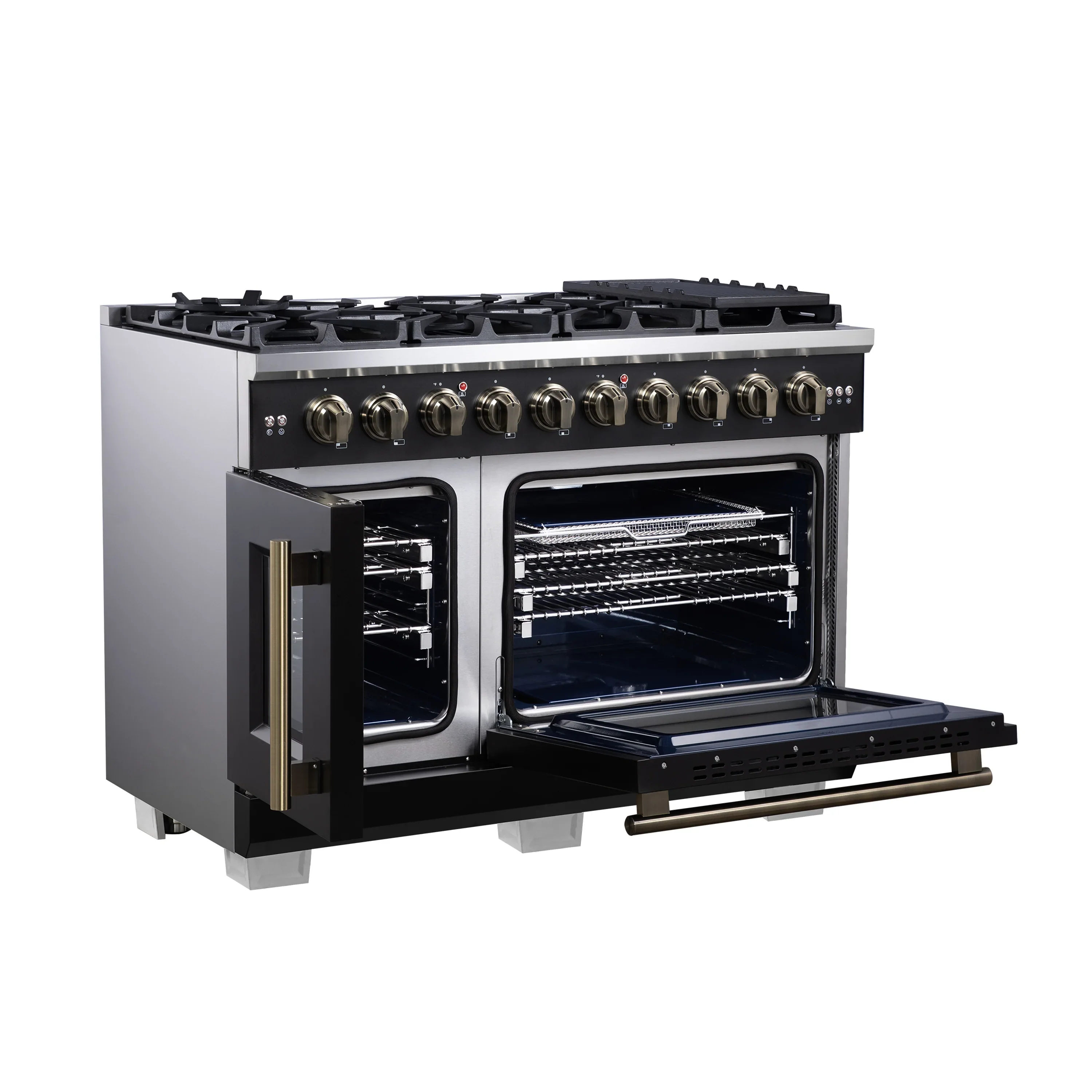 Forno Capriasca 48-Inch Freestanding French Door Gas Range with 8 Burners and 6.58 Cu.Ft. Convection Oven in Black with Antique Brass Handle (FFSGS6460-48BLK) - Image 8
