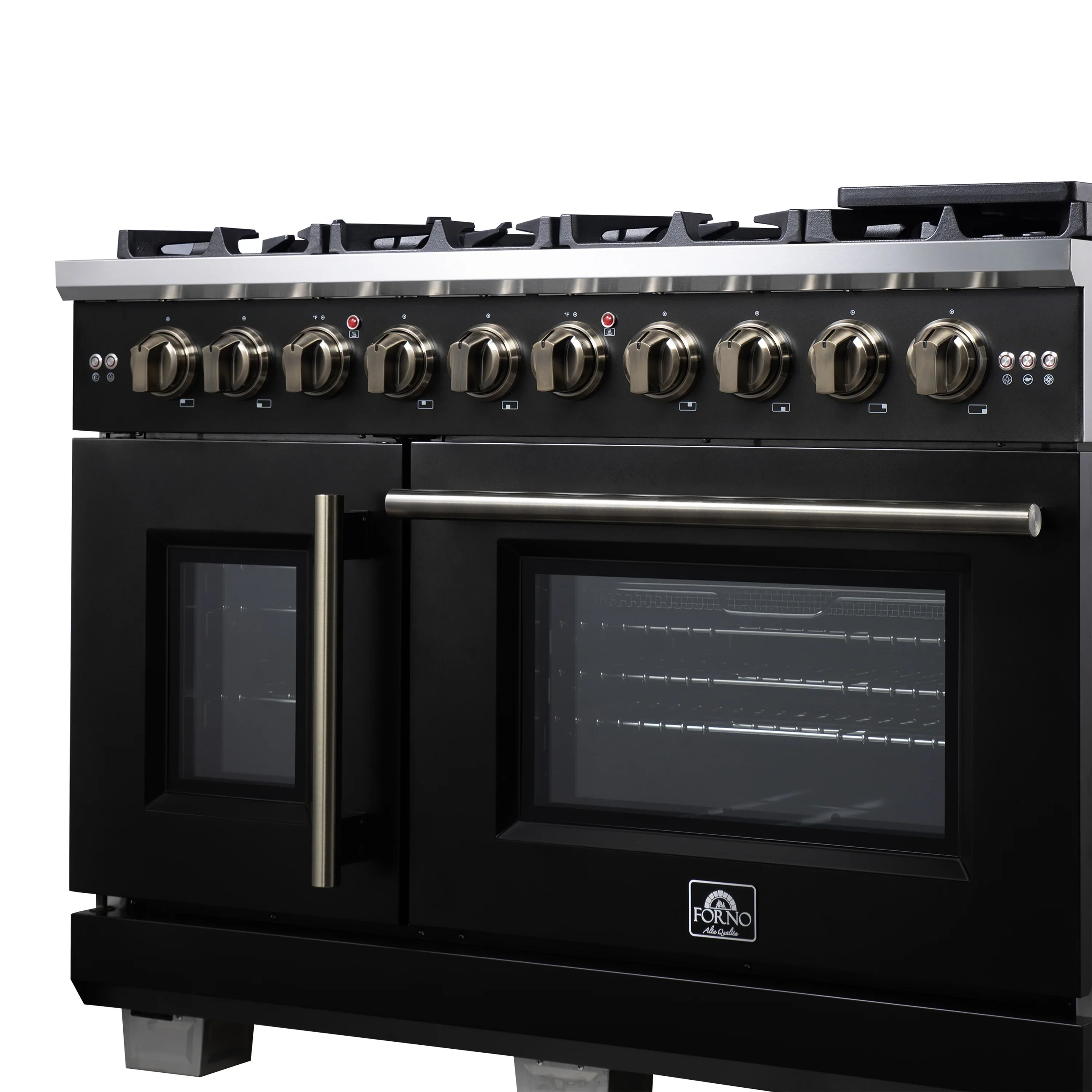 Forno Capriasca 48-Inch Freestanding French Door Gas Range with 8 Burners and 6.58 Cu.Ft. Convection Oven in Black with Antique Brass Handle (FFSGS6460-48BLK) - Image 9