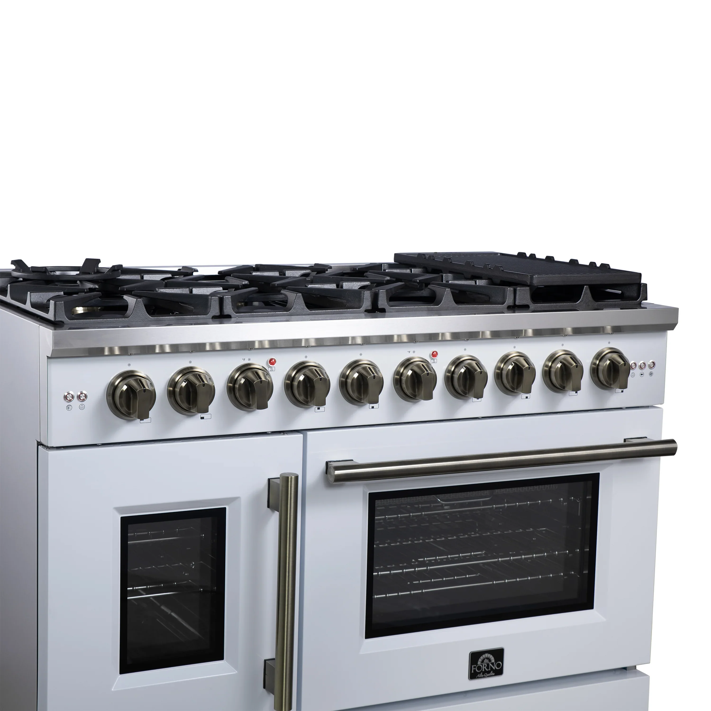 Forno Capriasca 48-Inch Freestanding French Door Gas Range with 8 Burners and 6.58 Cu.Ft. Convection Oven in White with Antique Brass Handle (FFSGS6460-48WHT) - Image 11
