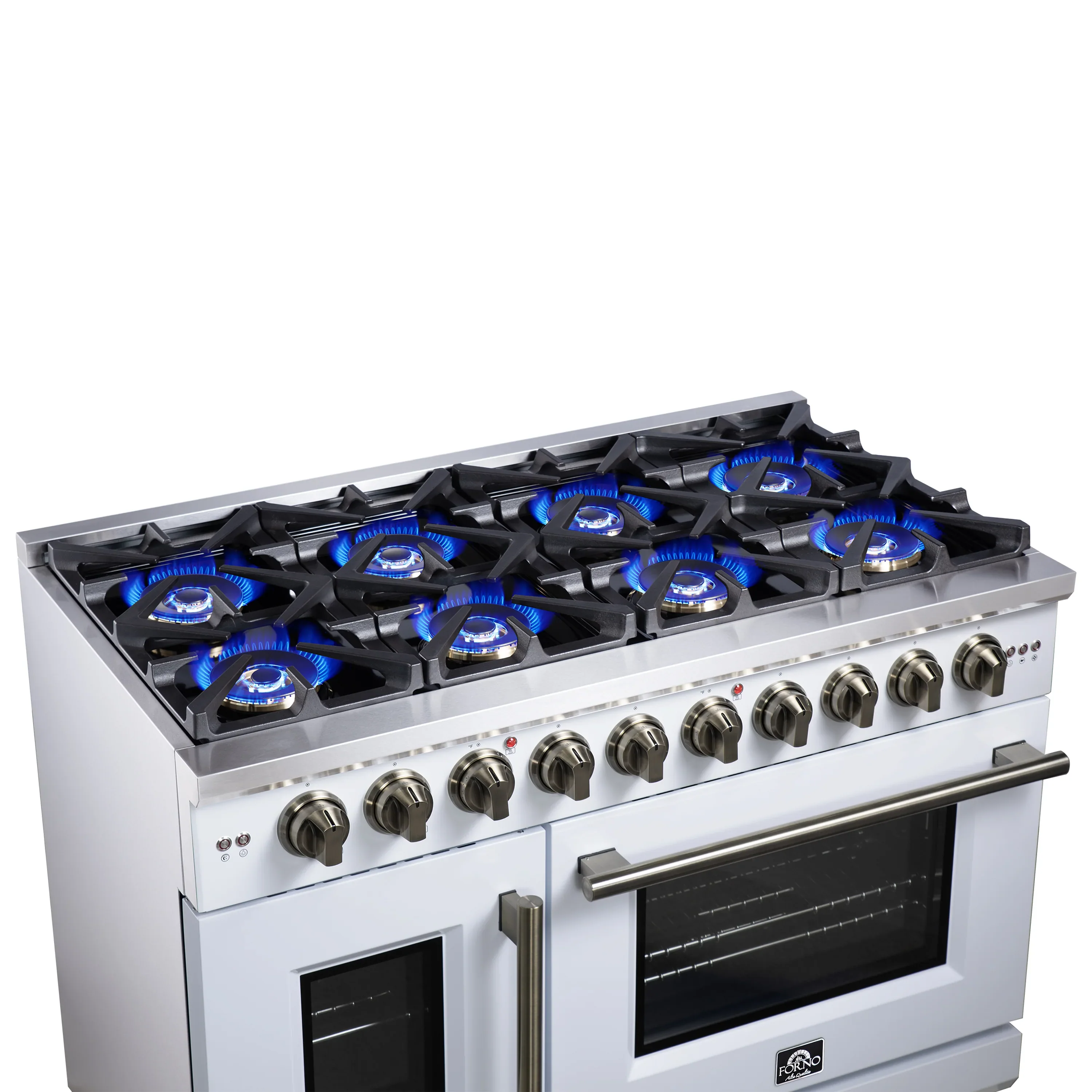 Forno Capriasca 48-Inch Freestanding French Door Gas Range with 8 Burners and 6.58 Cu.Ft. Convection Oven in White with Antique Brass Handle (FFSGS6460-48WHT) - Image 13