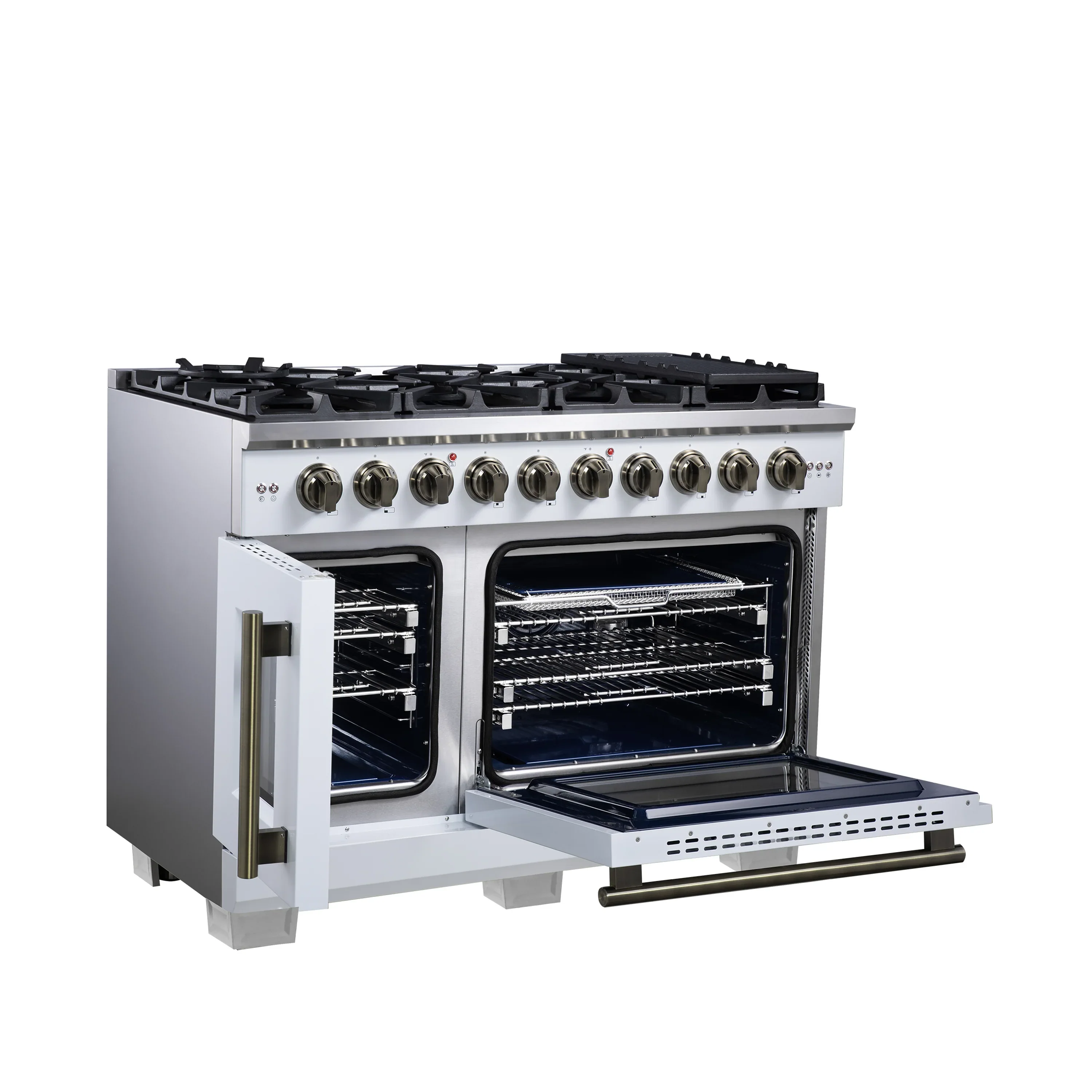 Forno Capriasca 48-Inch Freestanding French Door Gas Range with 8 Burners and 6.58 Cu.Ft. Convection Oven in White with Antique Brass Handle (FFSGS6460-48WHT) - Image 14