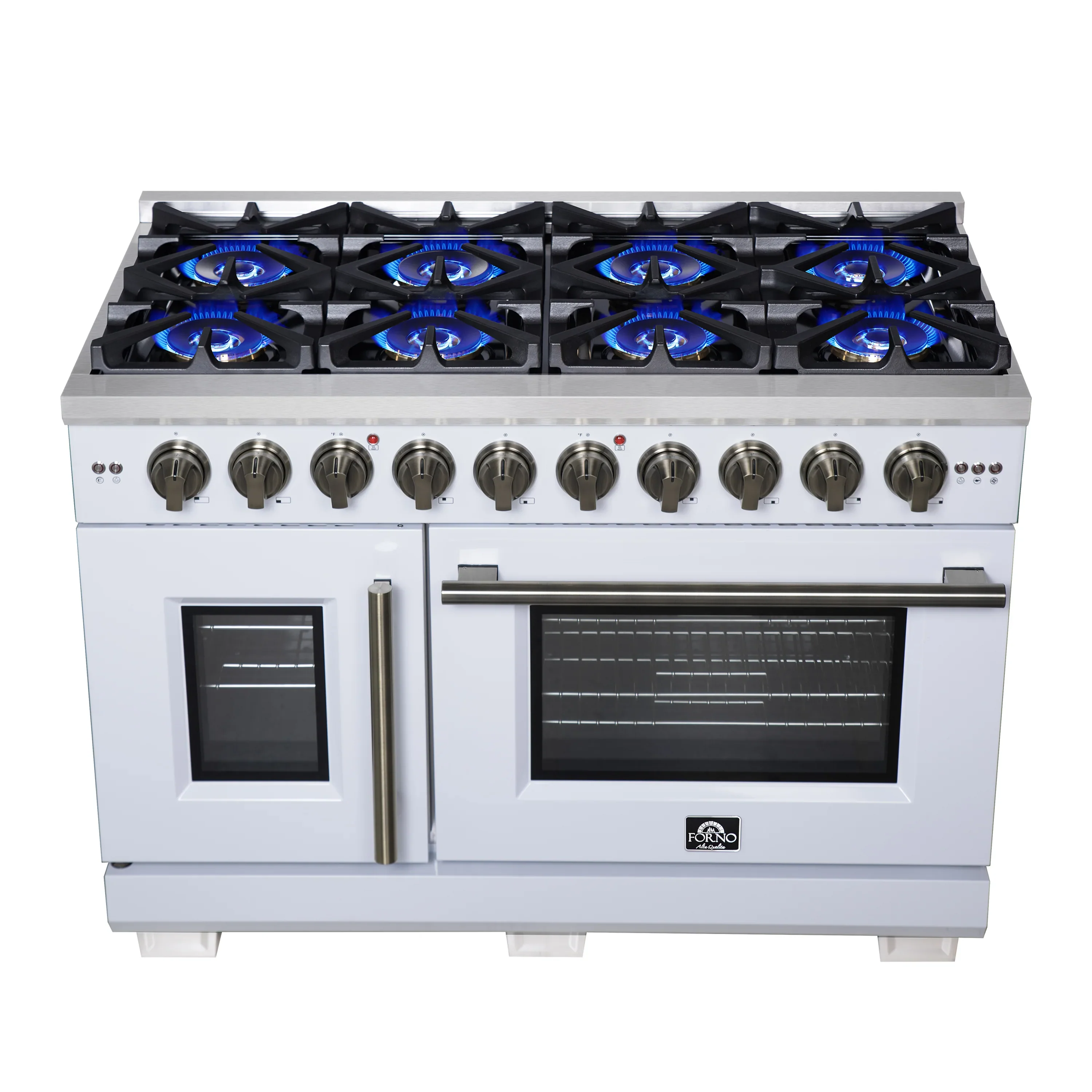 Forno Capriasca 48-Inch Freestanding French Door Gas Range with 8 Burners and 6.58 Cu.Ft. Convection Oven in White with Antique Brass Handle (FFSGS6460-48WHT) - Image 2