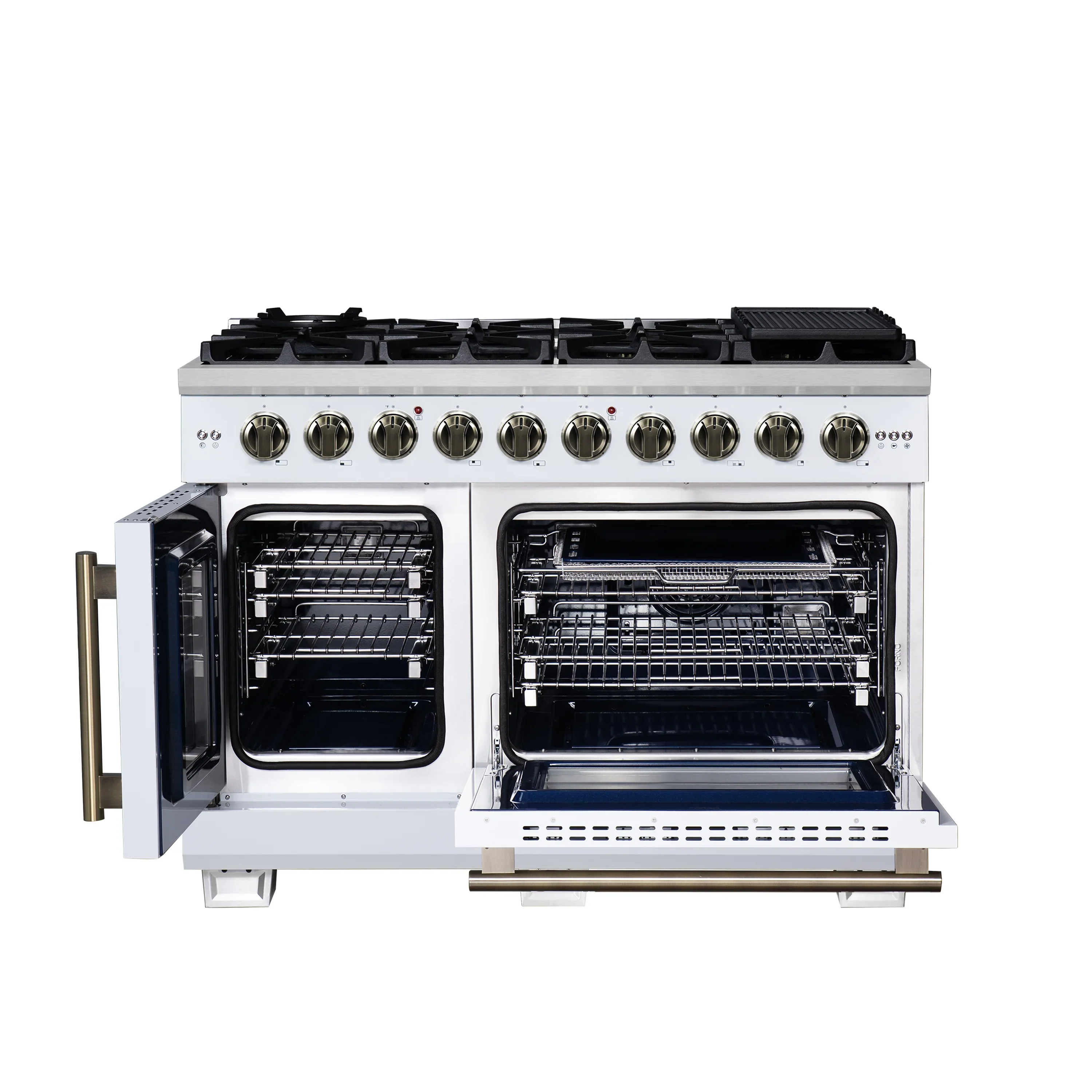 Forno Capriasca 48-Inch Freestanding French Door Gas Range with 8 Burners and 6.58 Cu.Ft. Convection Oven in White with Antique Brass Handle (FFSGS6460-48WHT) - Image 3